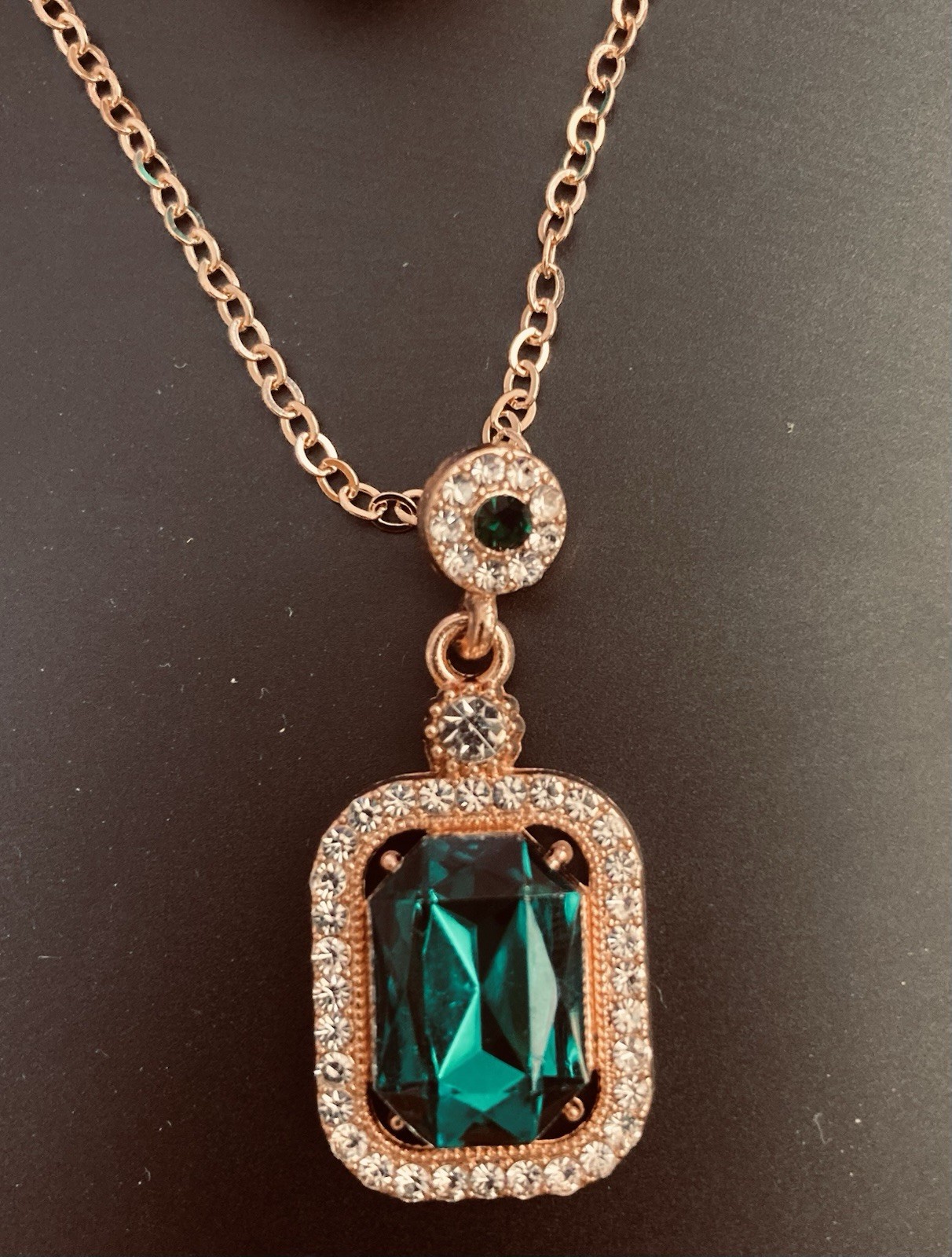 Gold Tone Green Quadrate Rhinestone Necklace Earrings & Ring Jewelry Set 4PC set