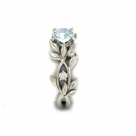 Men Women Elegant Leaves Ring 2.1Ct Aquamarine Wedding Size 6-10
