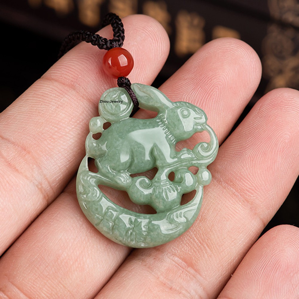 Natural Jadeite Bean Green Moon Palace Rabbit Pendant Grade A Jade Lucky Charm