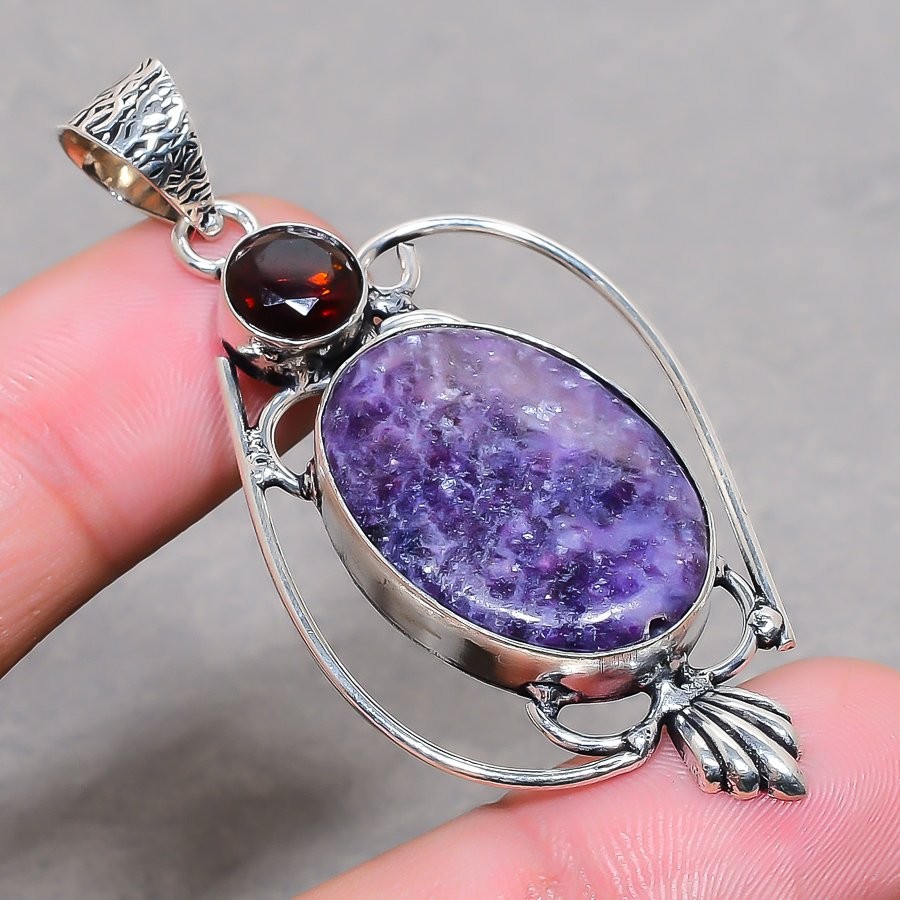 Lepidolite Mozambique Garnet Gemstone Pendant Handmade Gift Jewelry 2.2″ FP 3372