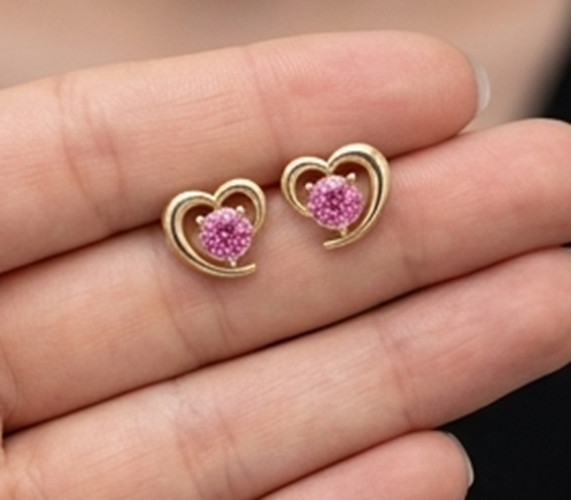 3ct Round Simulated Pink Ruby Cute HEART Stud Silver Earrings Yellow Gold Plated