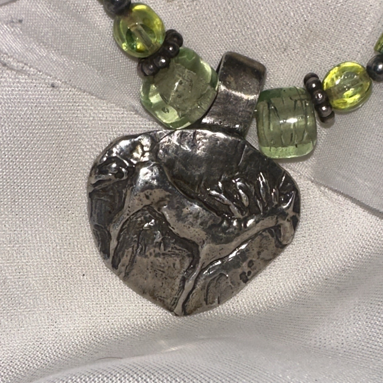 Green Glass Cube Beaded Cord Necklace, Silver Heart Charm, Adjustable