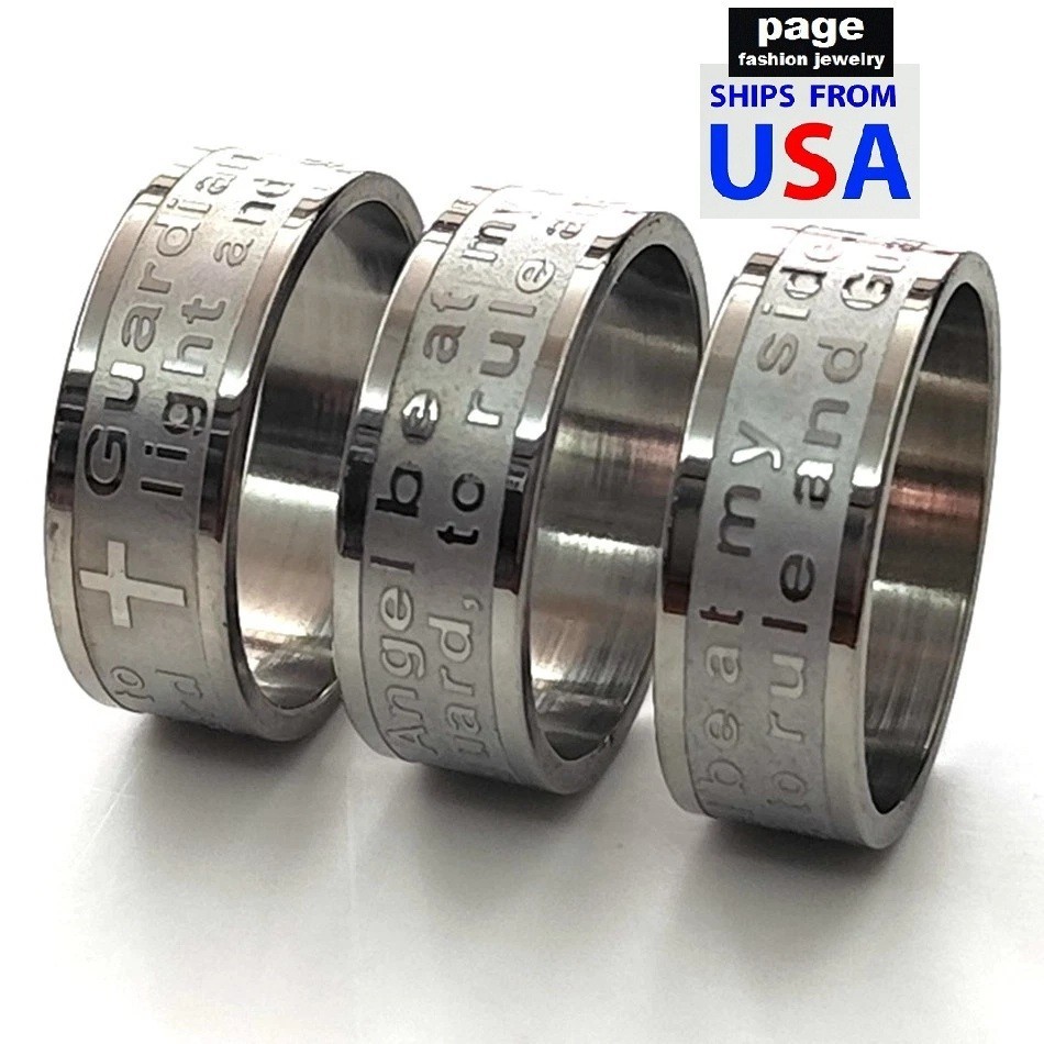 1pc Etched Guardian Angle Prayer Stainless Steel Jesus Religion Ring Size 6-12