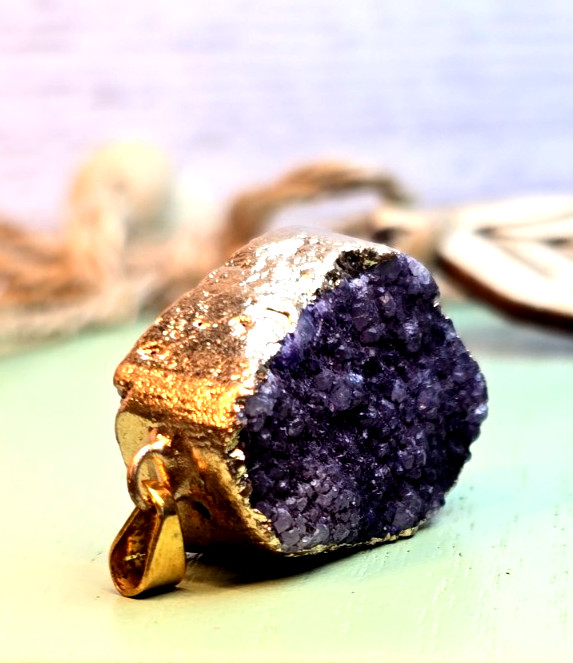 Raw Amethyst Geode Pendant Set 2pc Sparkly Crystal Cluster Rough Gemstone Gift