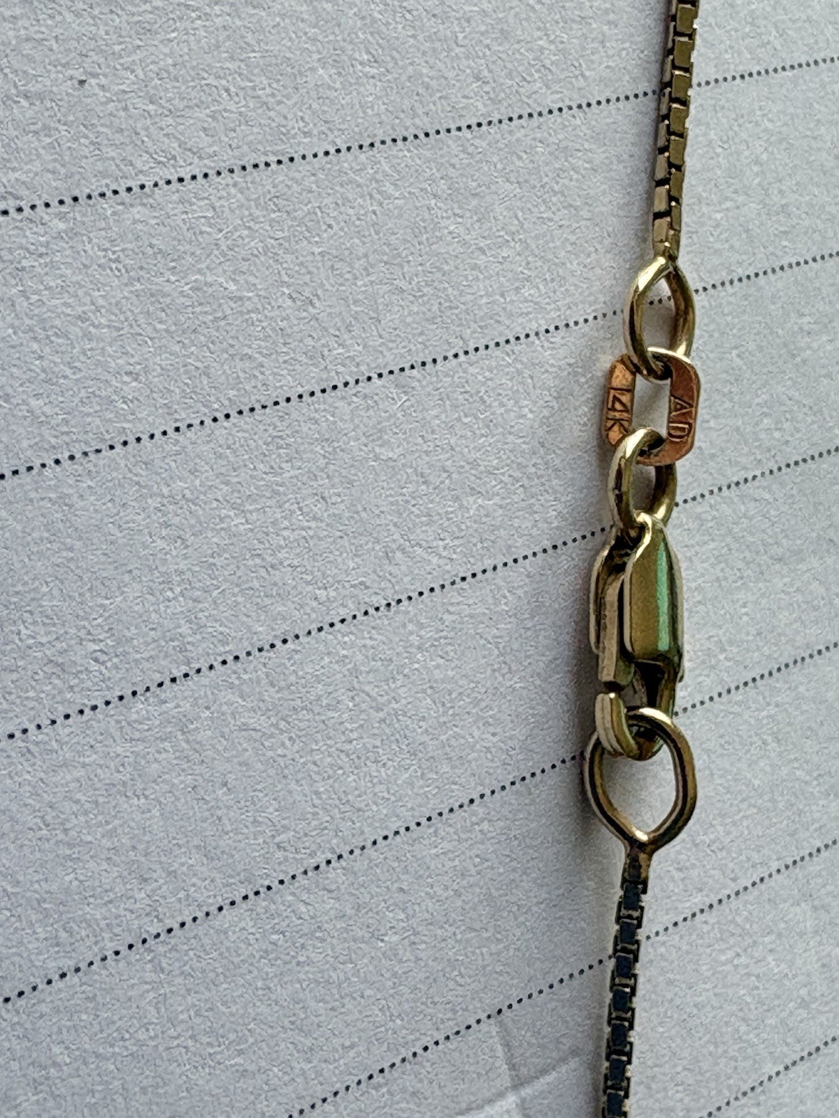 14K Solid Yellow Gold Box Chain Necklace 20” 3.24g Lobster Clasp AD Hallmark