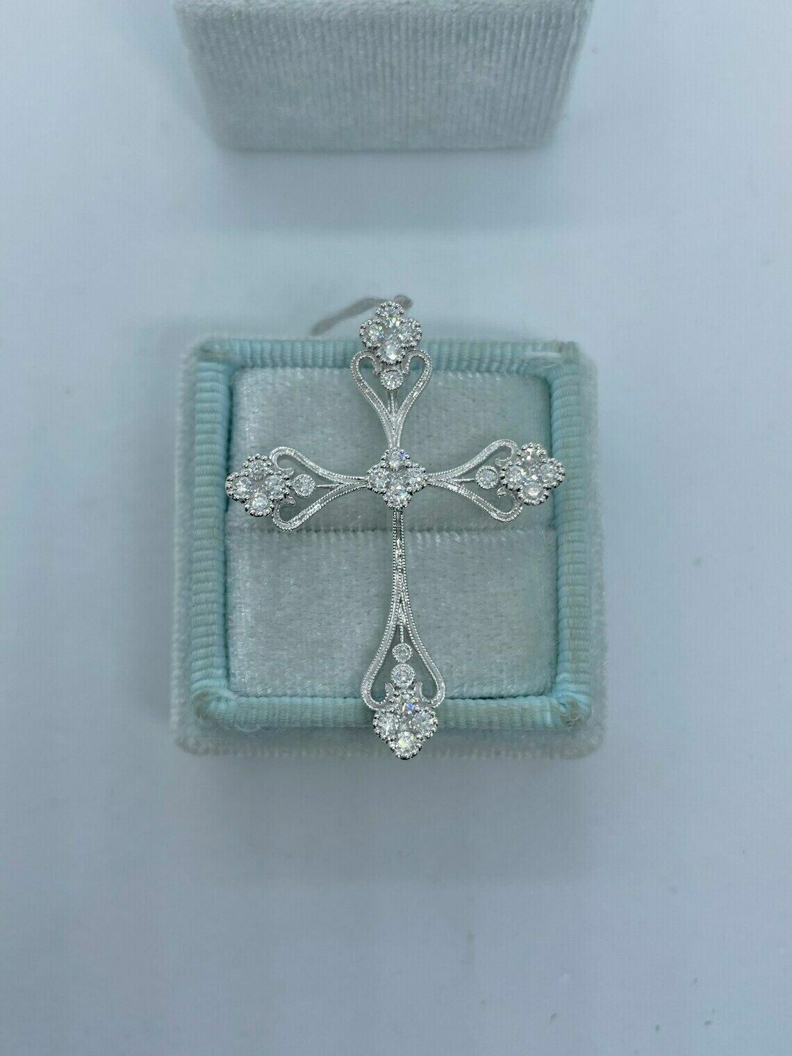 1Ct Round Cut VVS1/D Diamond Cross Pendant 14K White Gold Finish 18″ Free Chain