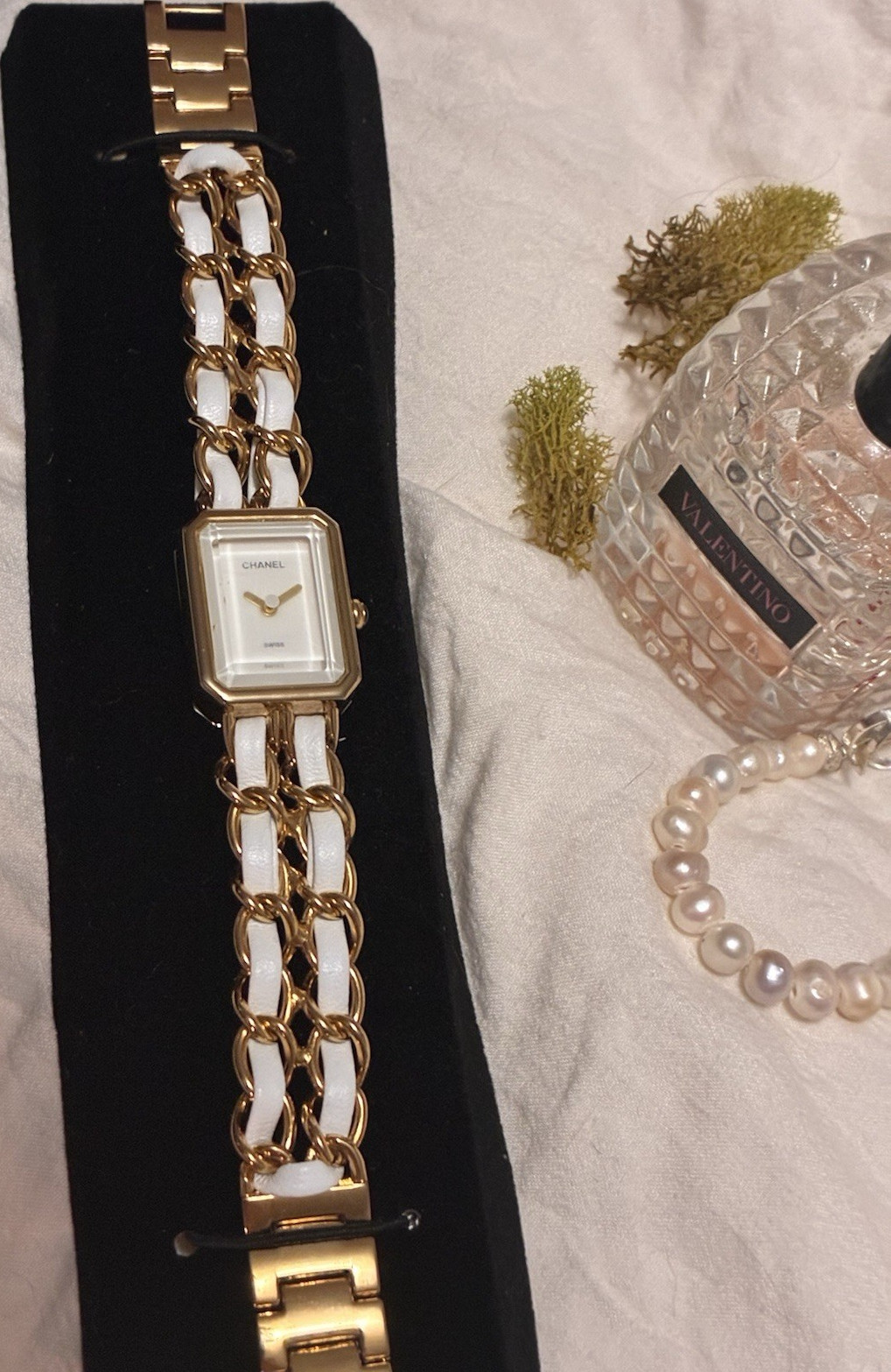 CHANEL Première Quartz Rectangle Watch White Dial Gold/White Bracelet