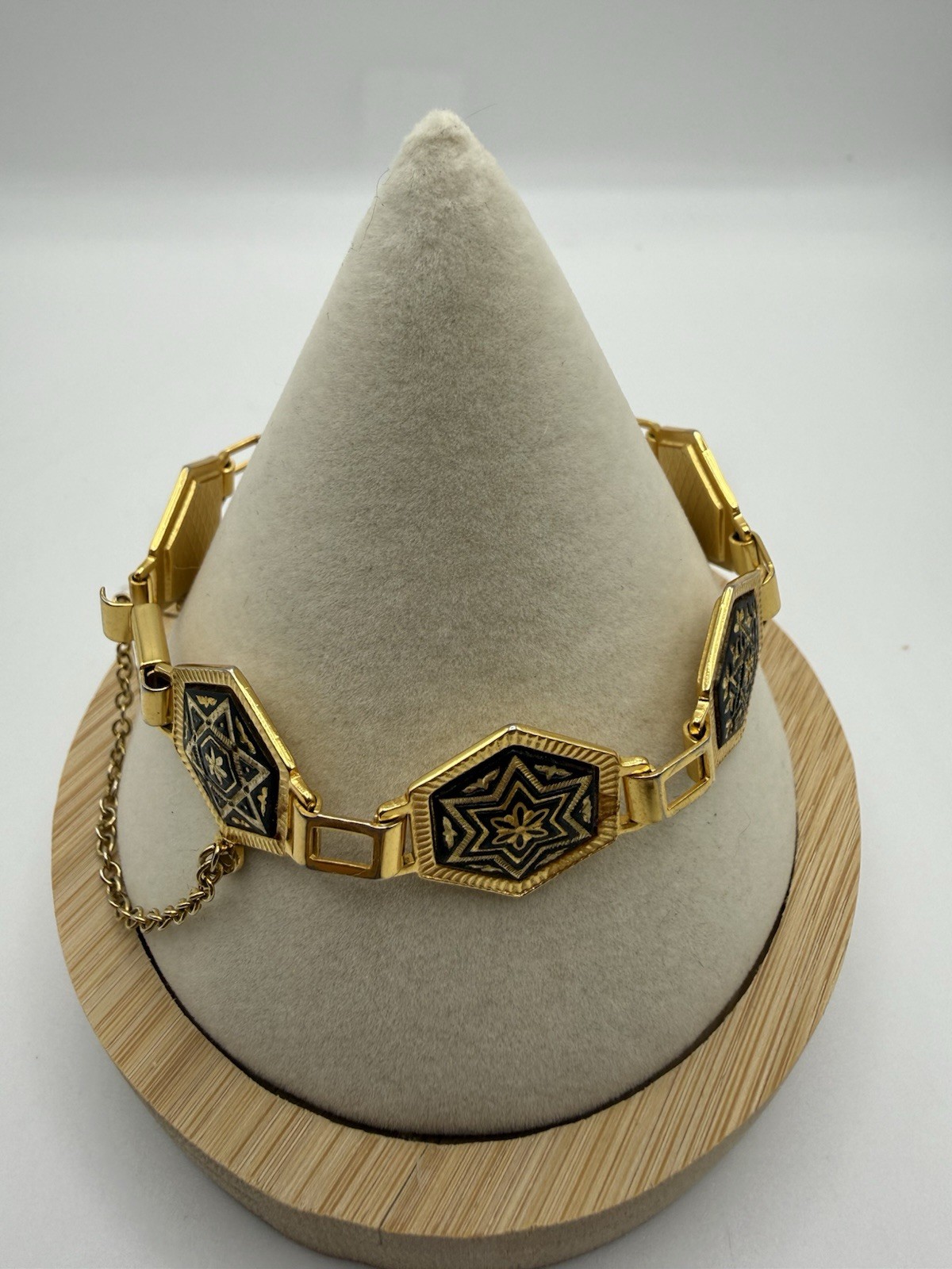 Vintage iA Midas Toledo Spain Damascene 7 Panel Bracelet Size 7 Geometric Design