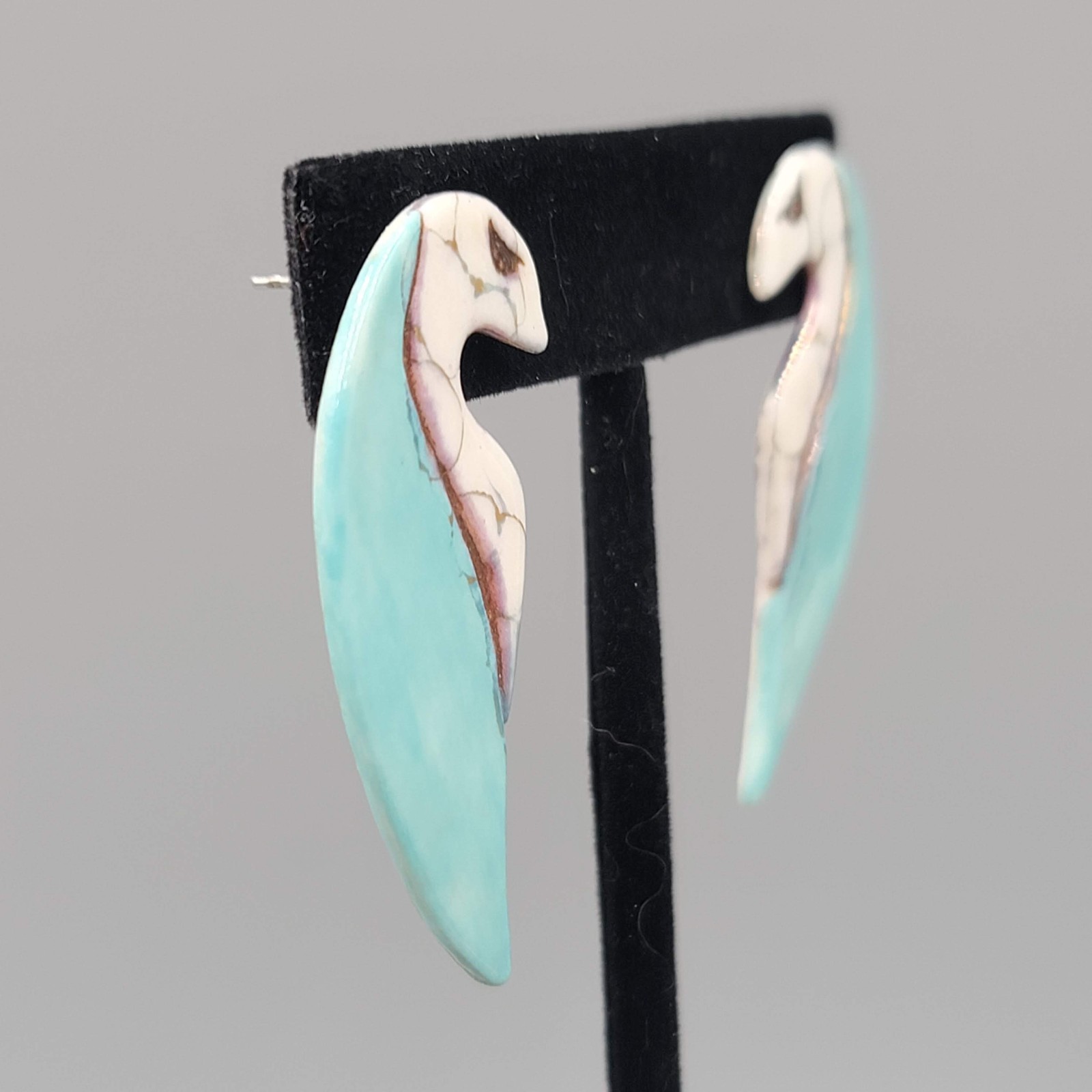 Vintage Ceramic Artistic Bird Pierced Earrings Blue White Enamel 1.75″
