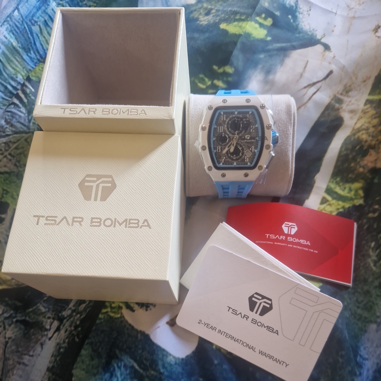 Tsar Bomba Elemental Chrono Watch Men 45mm Skeleton Dial White Blue TB8204B