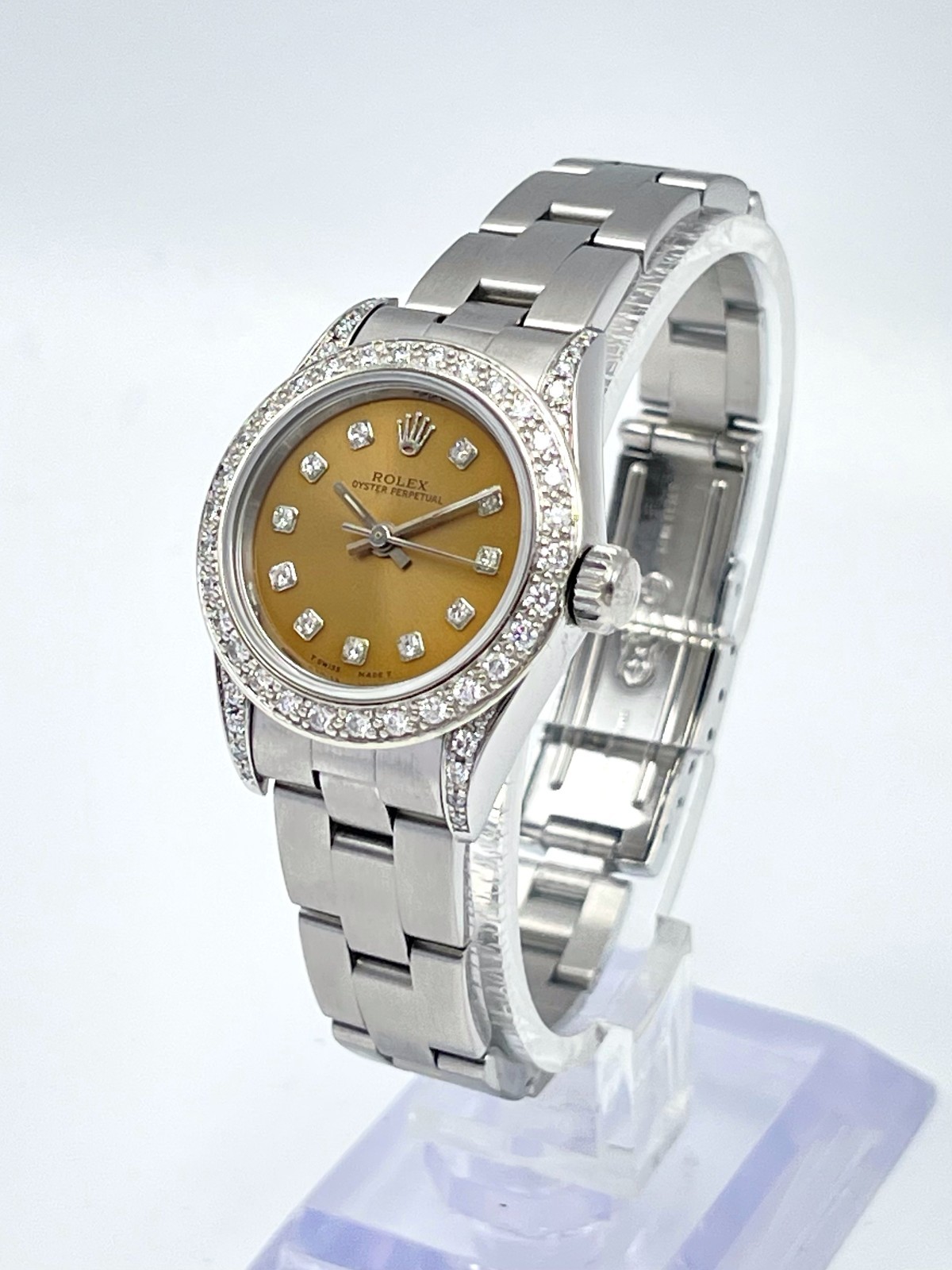 Rolex Oyster Perpetual 67180 24mm Salmon Dial Diamond Bezel Diamond Lugs Box
