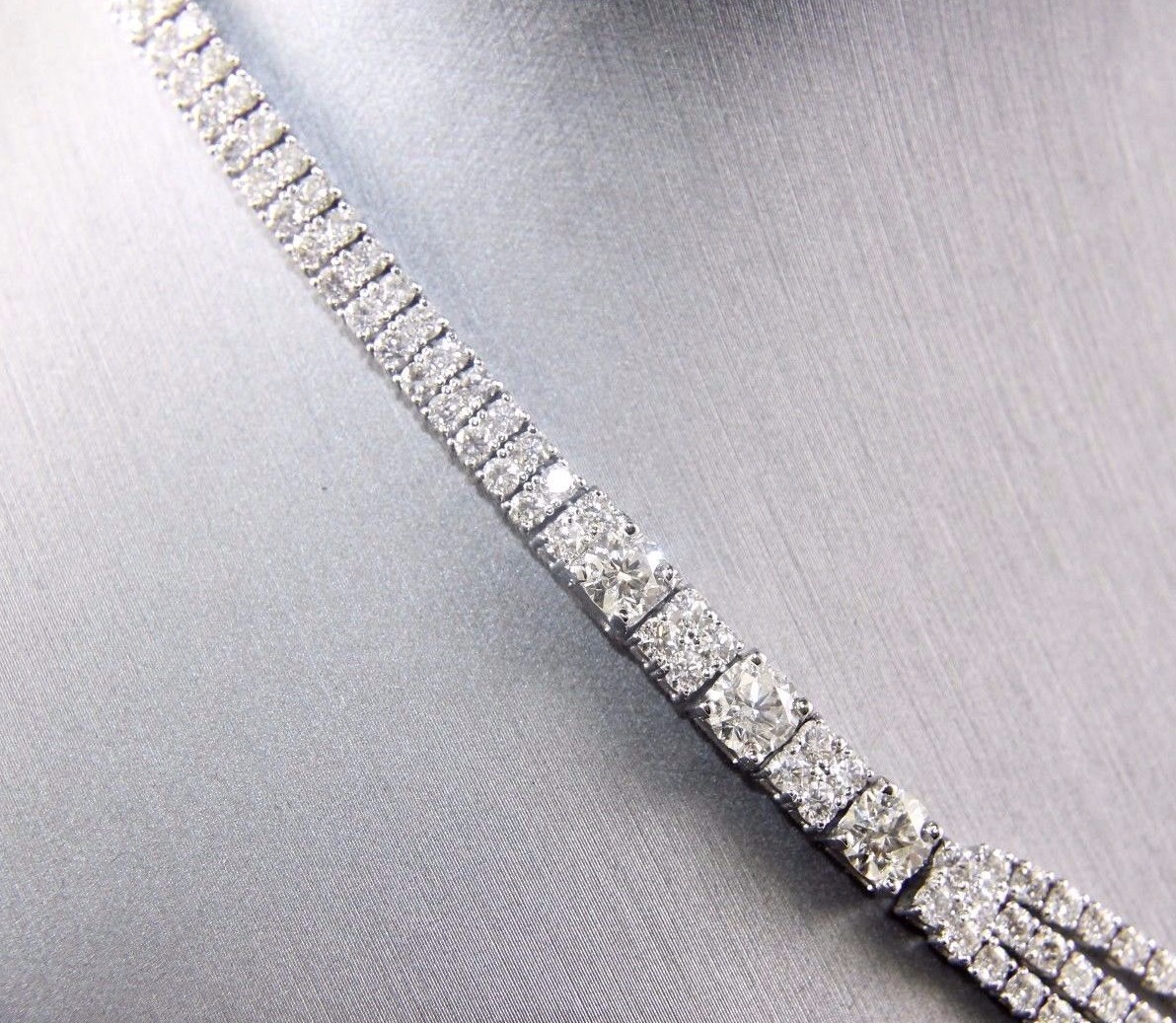 Round Diamond 3 Row Cluster Graduated Tennis Necklace 18K White Gold 23.14Ct