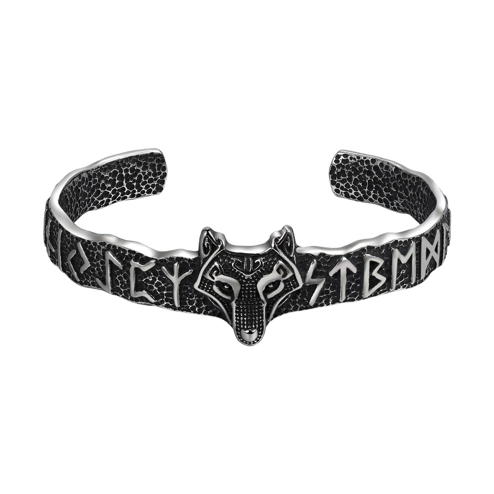 Men’s Retro Viking Wolf Head Rune Stainless Steel Open Cuff Bracelet Punk Gift