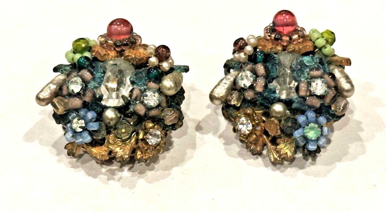 KRAMER SHINY & BRUSHED GOLD BEAD BUTTON VINTAGE RETRO MCM CLIP ON 1″ EARRINGS EU