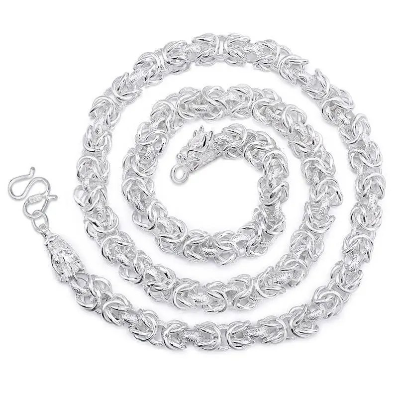 Men’s 925 Sterling Solid Silver Necklace Classic Round Faucet Dragon Jewelry
