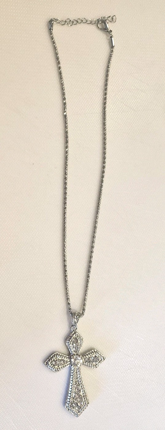 Silver Tone Rhinestone Cross Pendant Necklace 10″ Short Choker Style