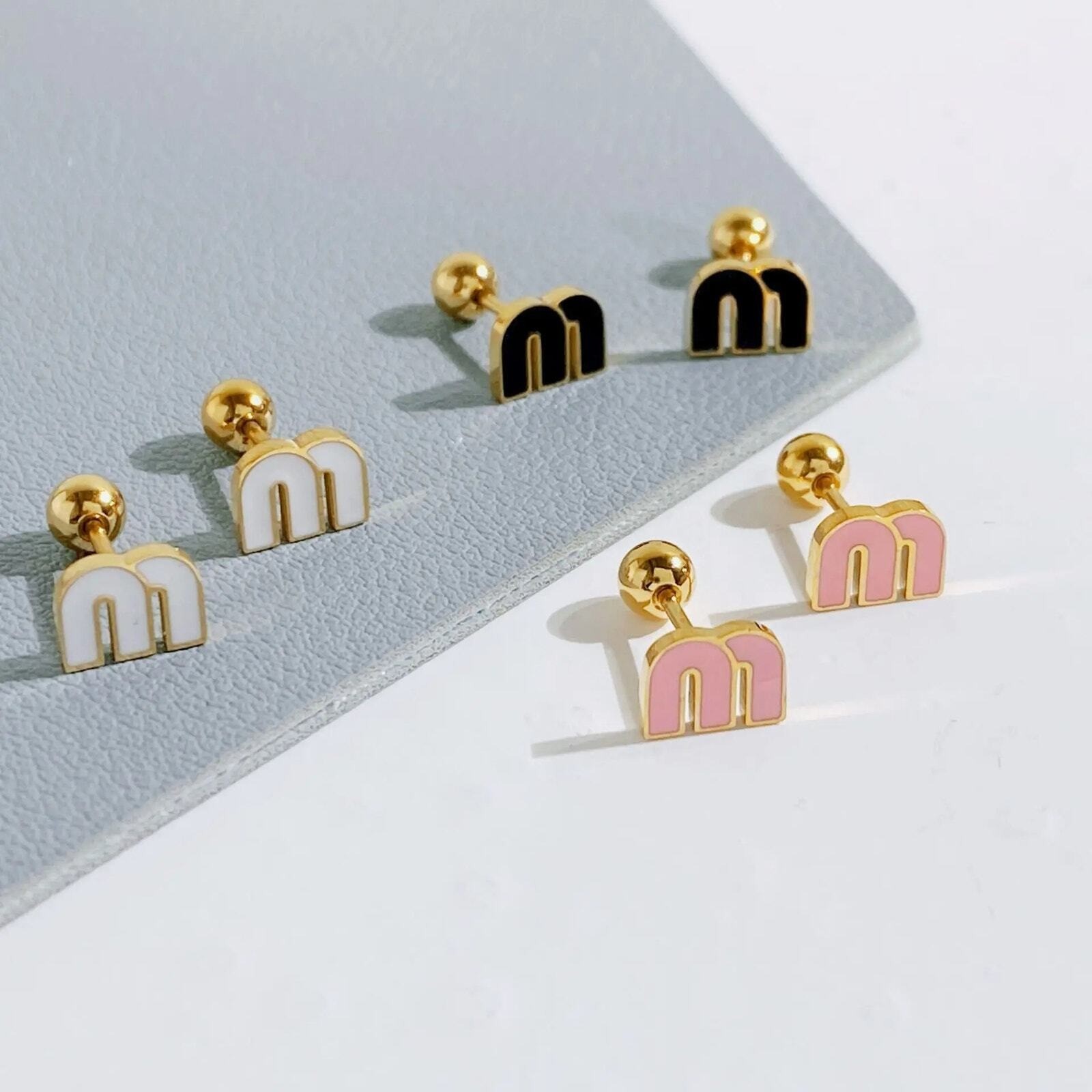 Dainty Black Letter M Charm Stud Earrings Stianless steel