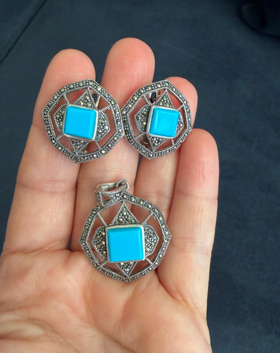 925 Starling Silver Marcasite Turquoise Earrings and Pendant Jewelery Set