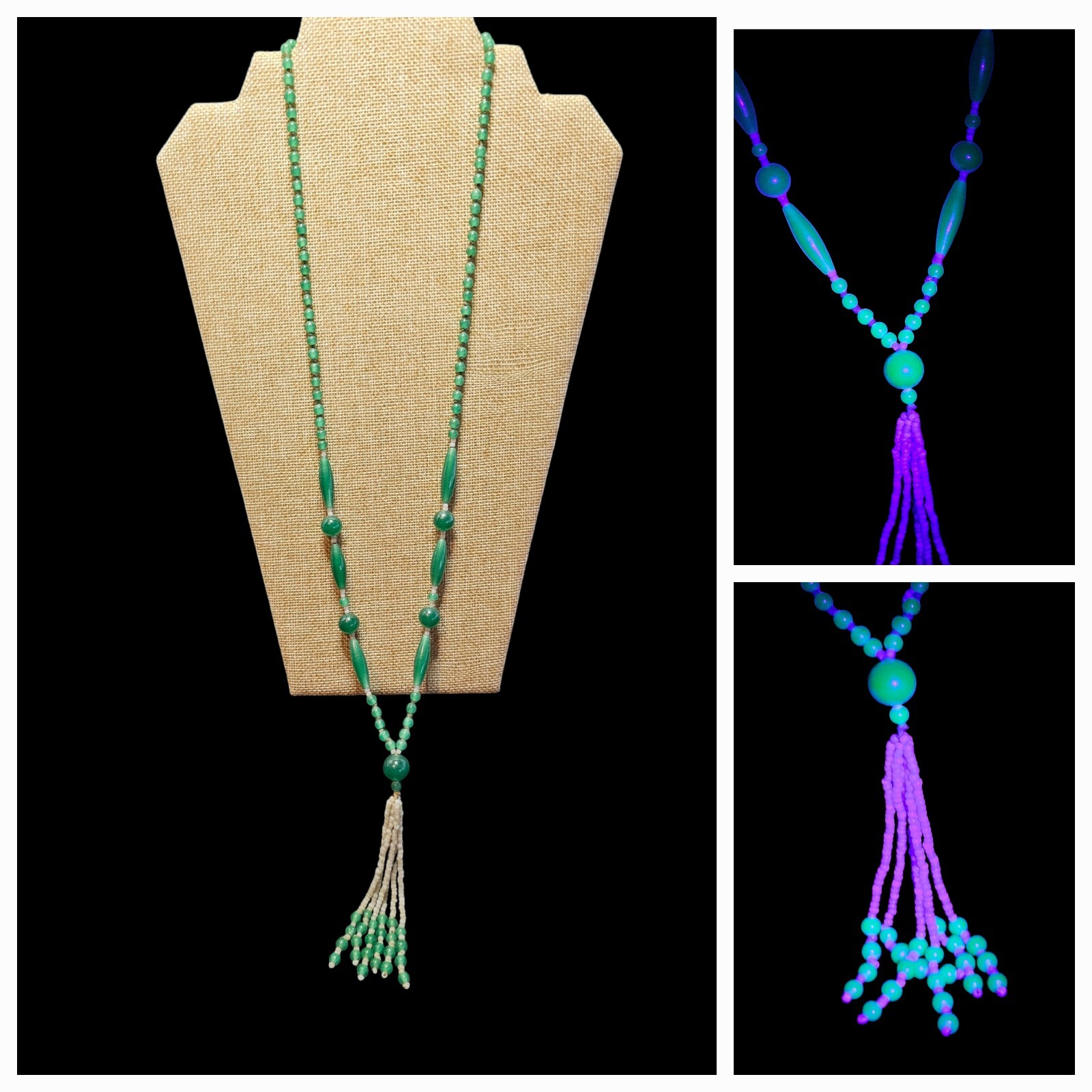 Antique 1920-30s Art Deco Sautoir Green White Uranium Glass Bead Tassel Necklace