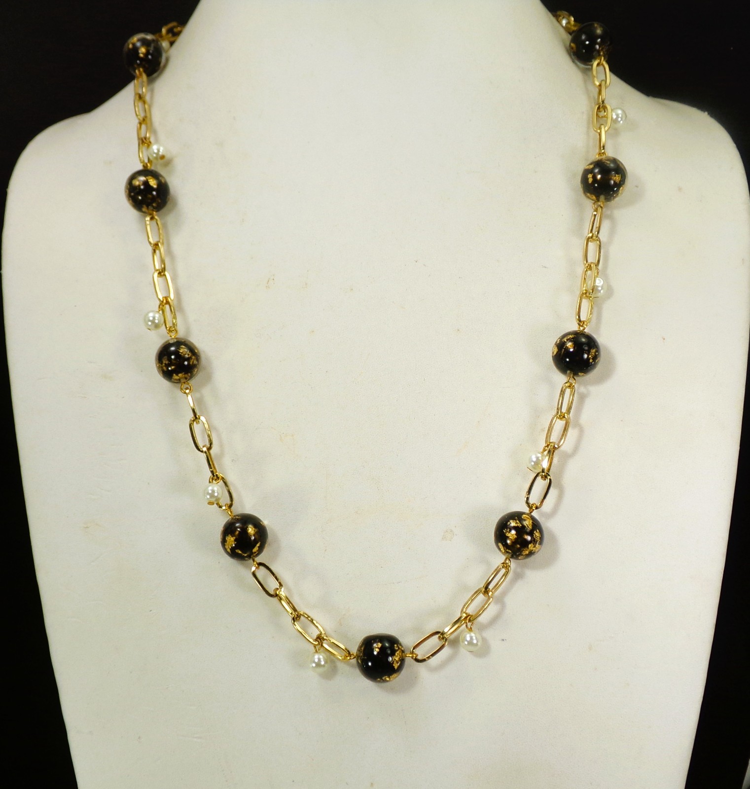 Black and gold leaf bead necklace with white pearls and gold link chain New