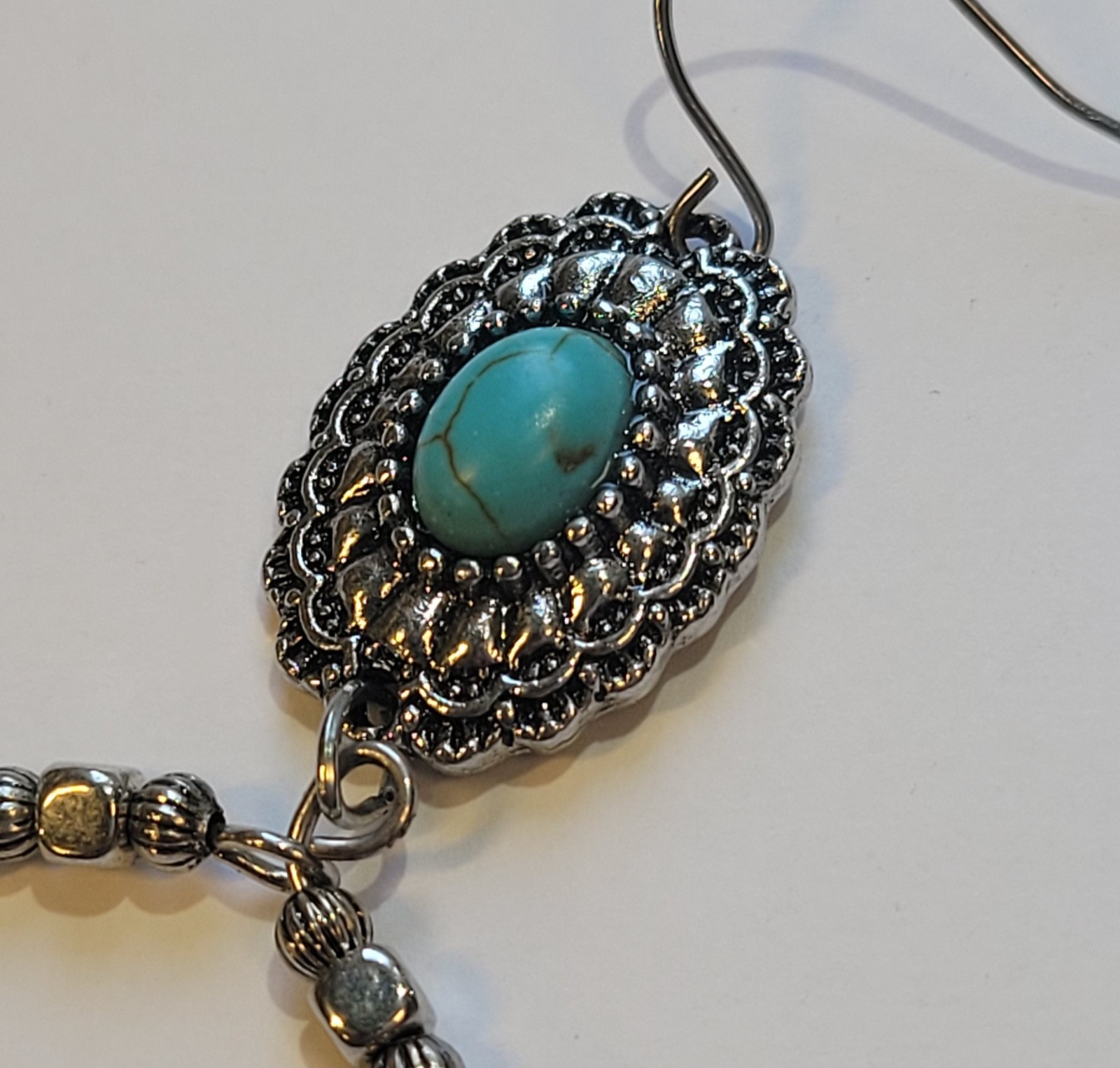Western Silver Tone Concho Faux Turquoise With Dangling Hoop Pierced Earrings