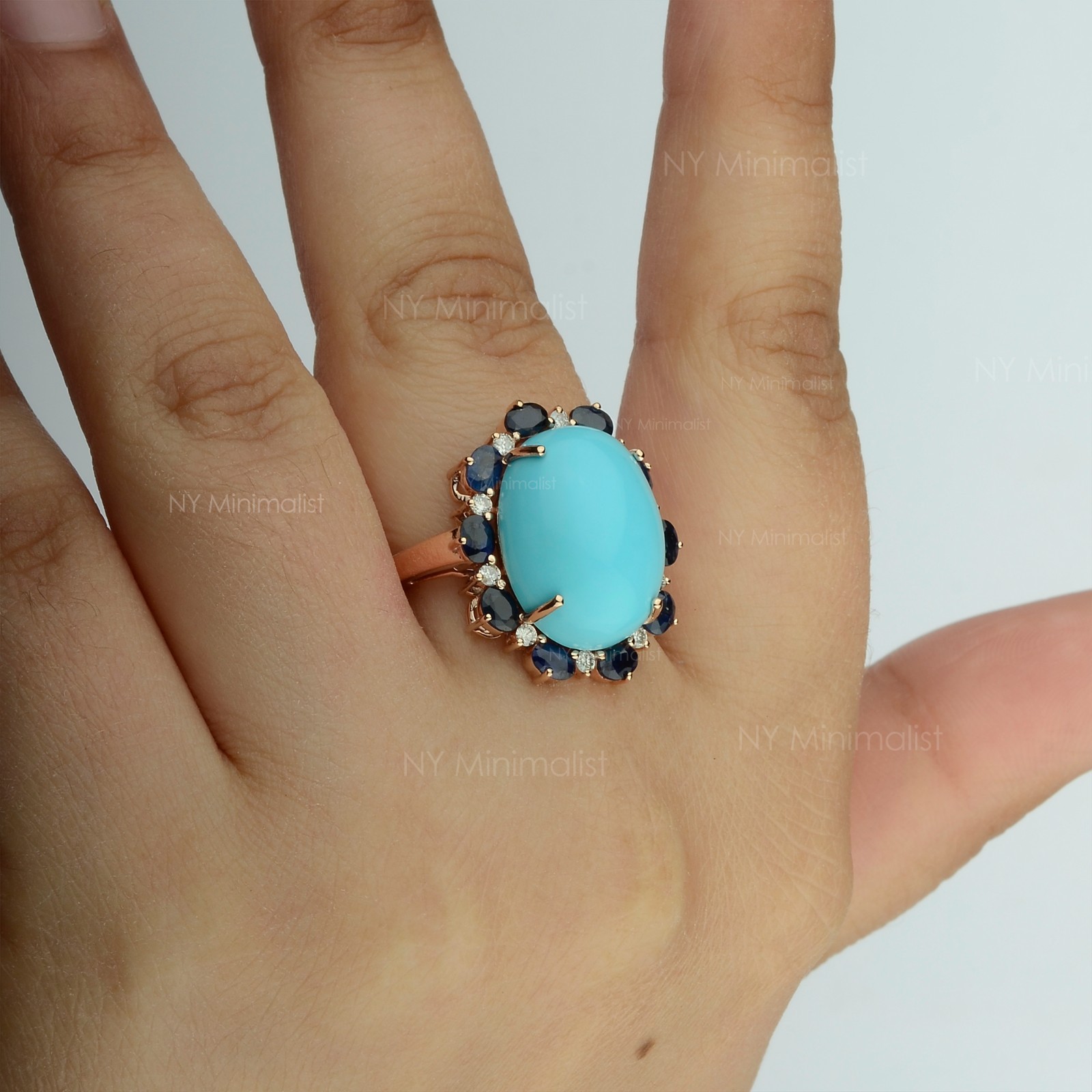 14K Solid Gold Genuine Oval Turquoise Blue Sapphire and Diamond Engagement Ring