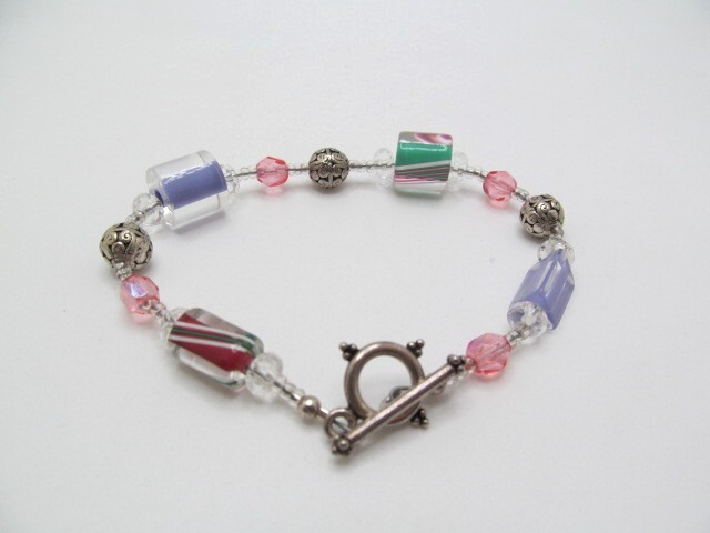 Artisan 925 Sterling Silver Pink Green Purple Filigree Ball Bracelet 8.25 In