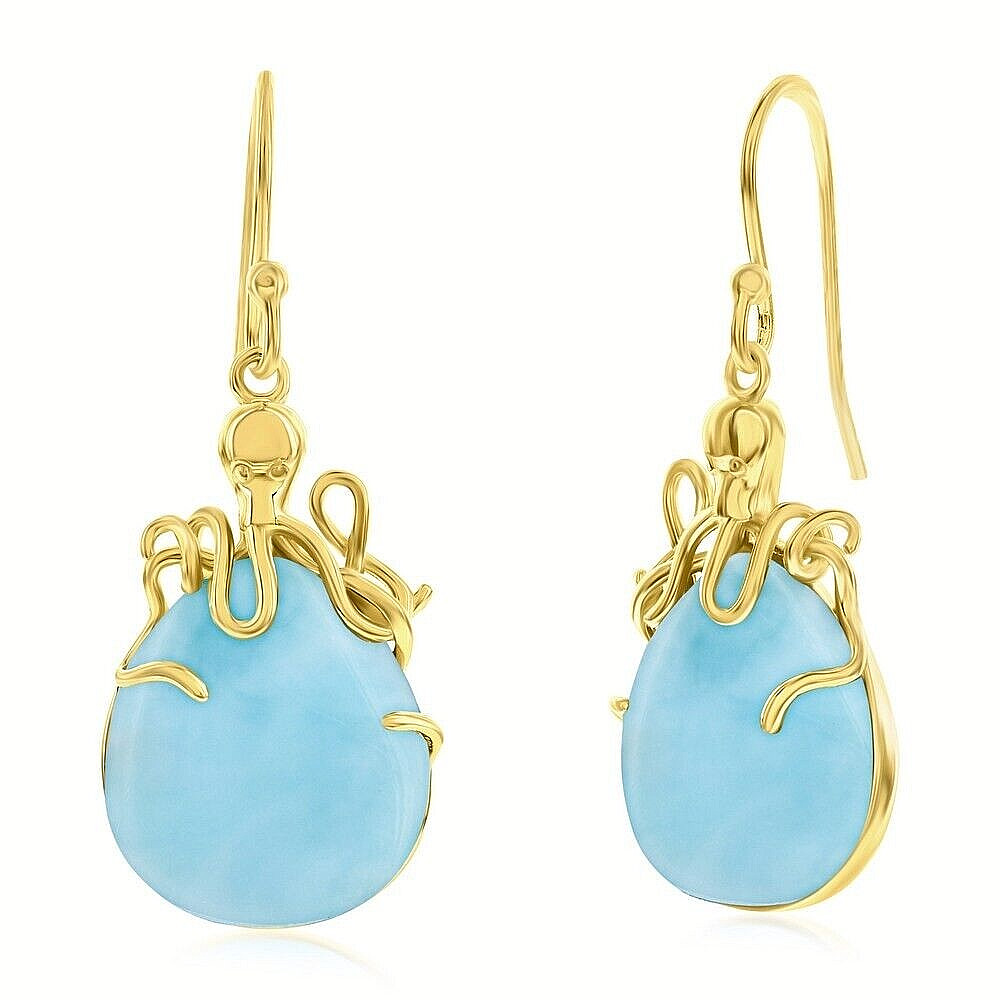Sterling Silver Pear-Shaped Larimar Octopus Earrings, Gold Plated