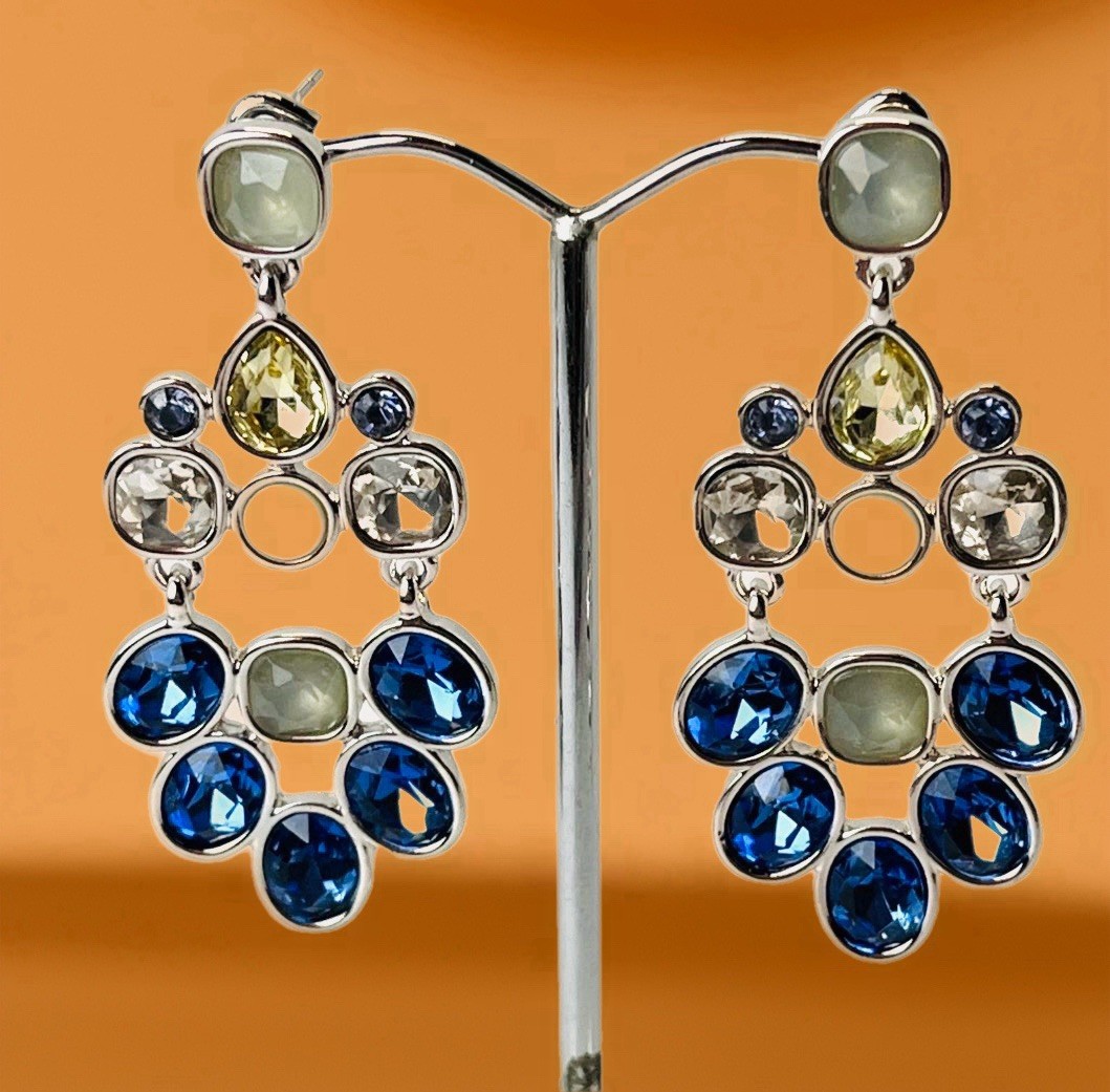 Blue Dangle Drop Pierced Earrings – Glass Stones – 2 1/8” Long -Presidium Tested