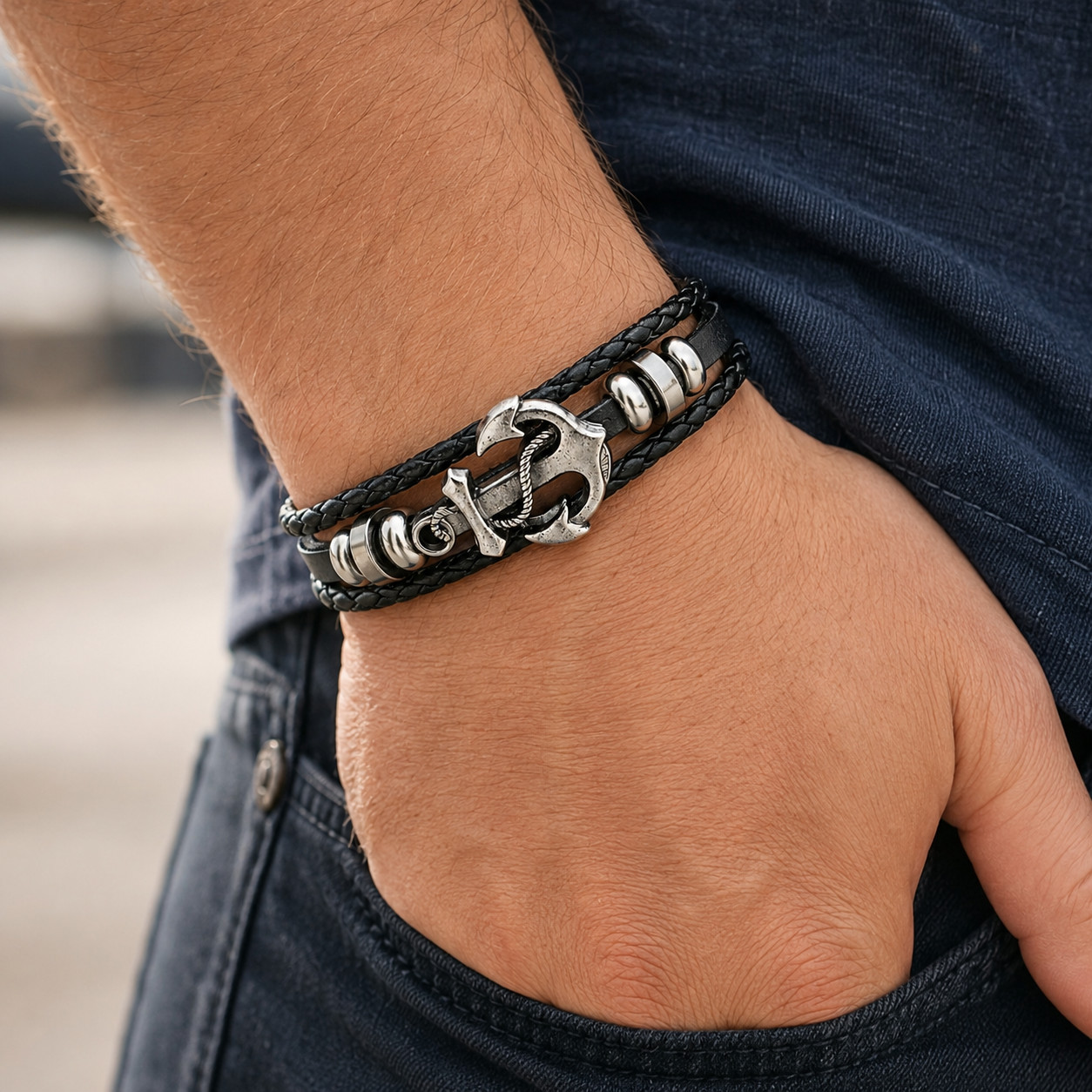 Men’s Black Layered Leather Bracelet Silver Anchor Nautical Vintage Style