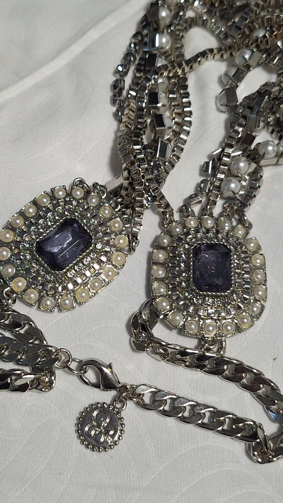 Silver Tone Layered Cable Chain Necklace Blue Rectangle Crystal Faux Pearl