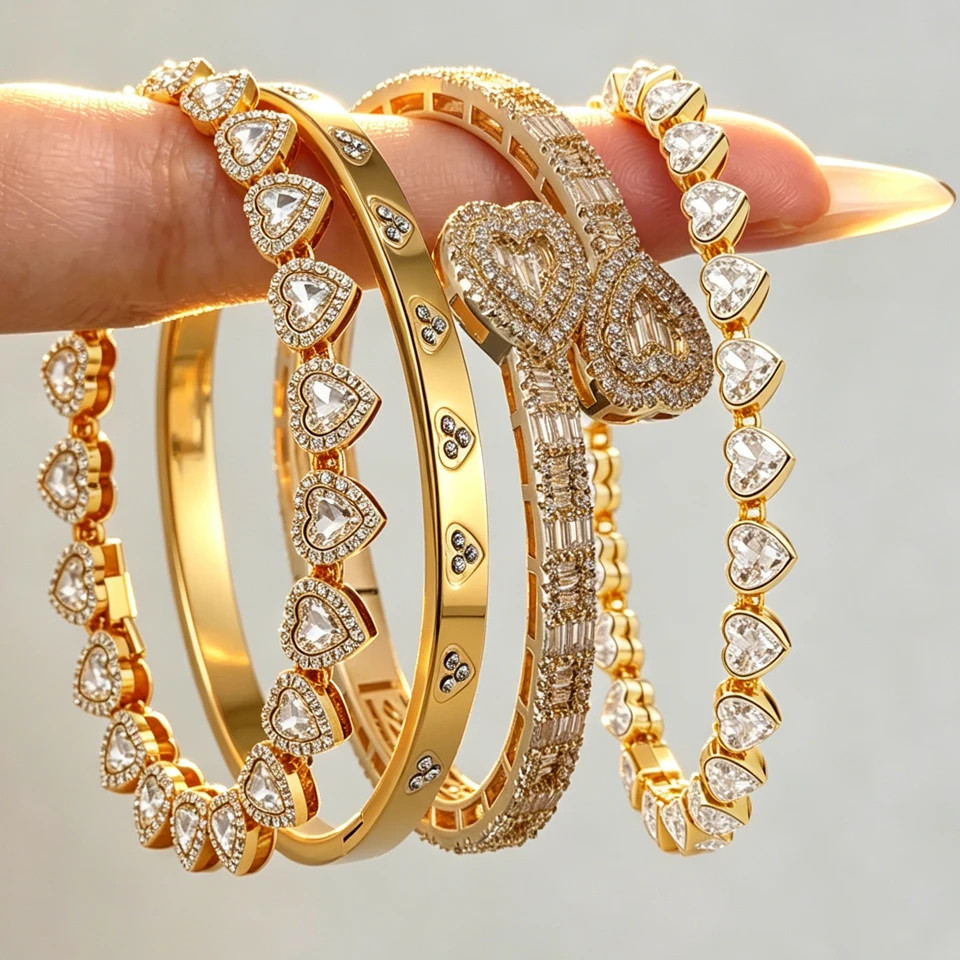 Rhinestone Tennis Chain Bracelets Yupsk 4Pcs/Set Trendy Hip Hop Rock Heart for W