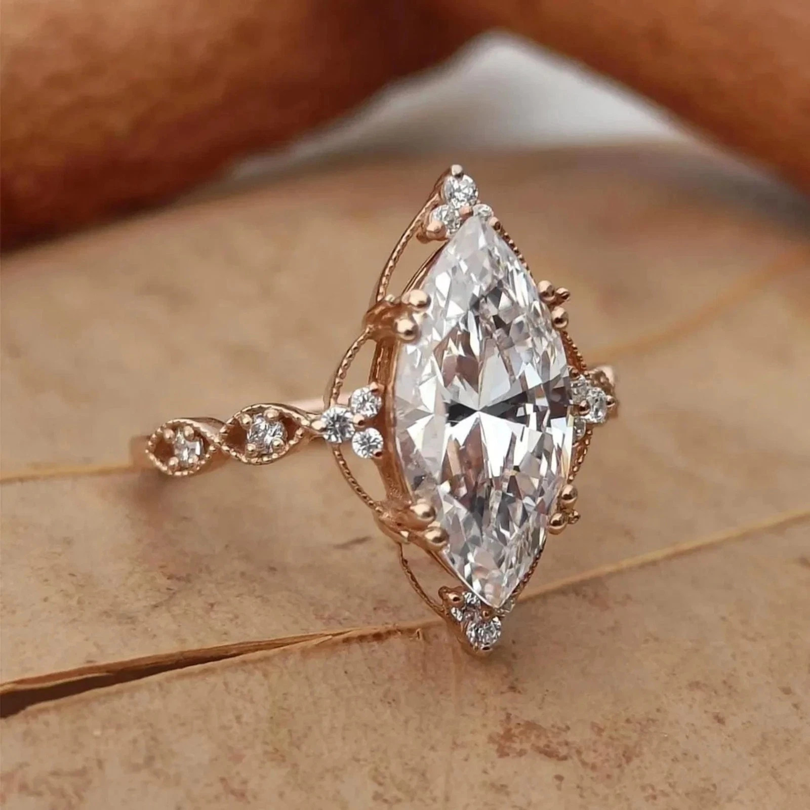 2 CT Marquise Cut Vintage Inspired Engagement Ring 14K Rose Gold Plated For Her