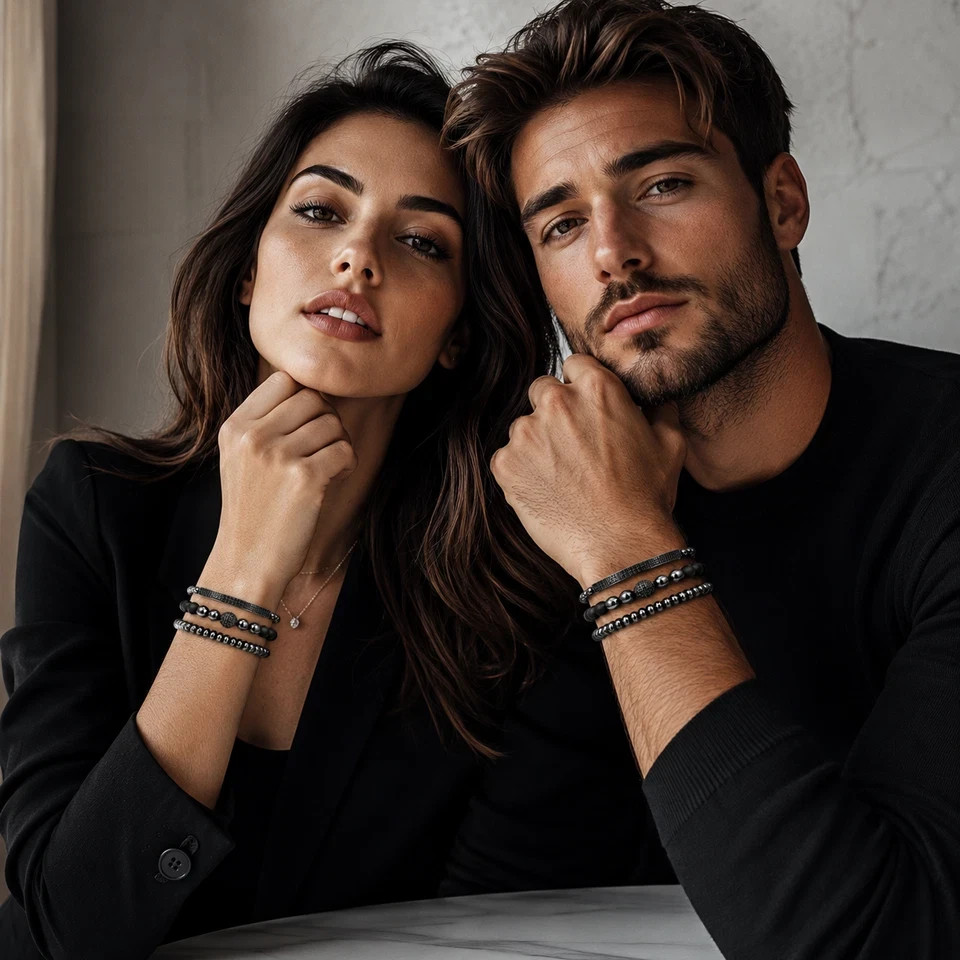 3PC Black Beaded Bracelet Set Men Women Stainless Steel Stretch Stack Jewelry