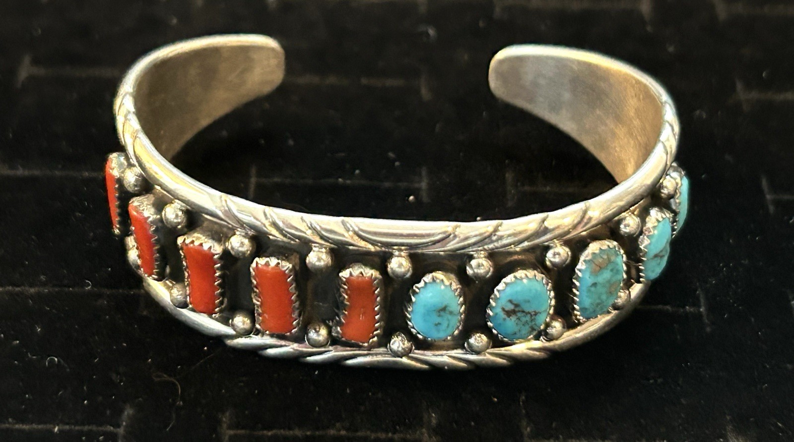 Reed Charlie Navajo Handmade Sterling Silver, Coral and Turquoise Cuff Bracelet