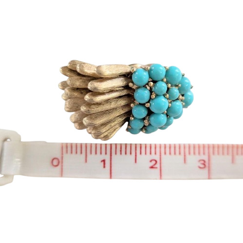 Crown Trifari Vintage Thistle Brooch & Earrings Set Turquoise 2.8in Auth