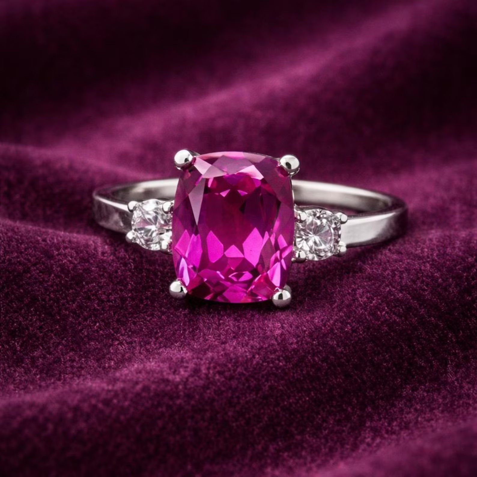 4.90 Ct Cushion Cut Pink Sapphire & Diamond Wedding Ring 14K White Gold Size 7