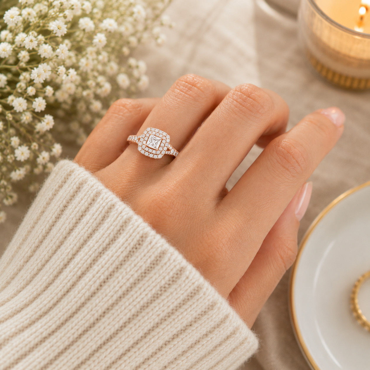 1.00Ct Pear & Round Moissanite Halo Engagement Ring in 925 Silver for Women