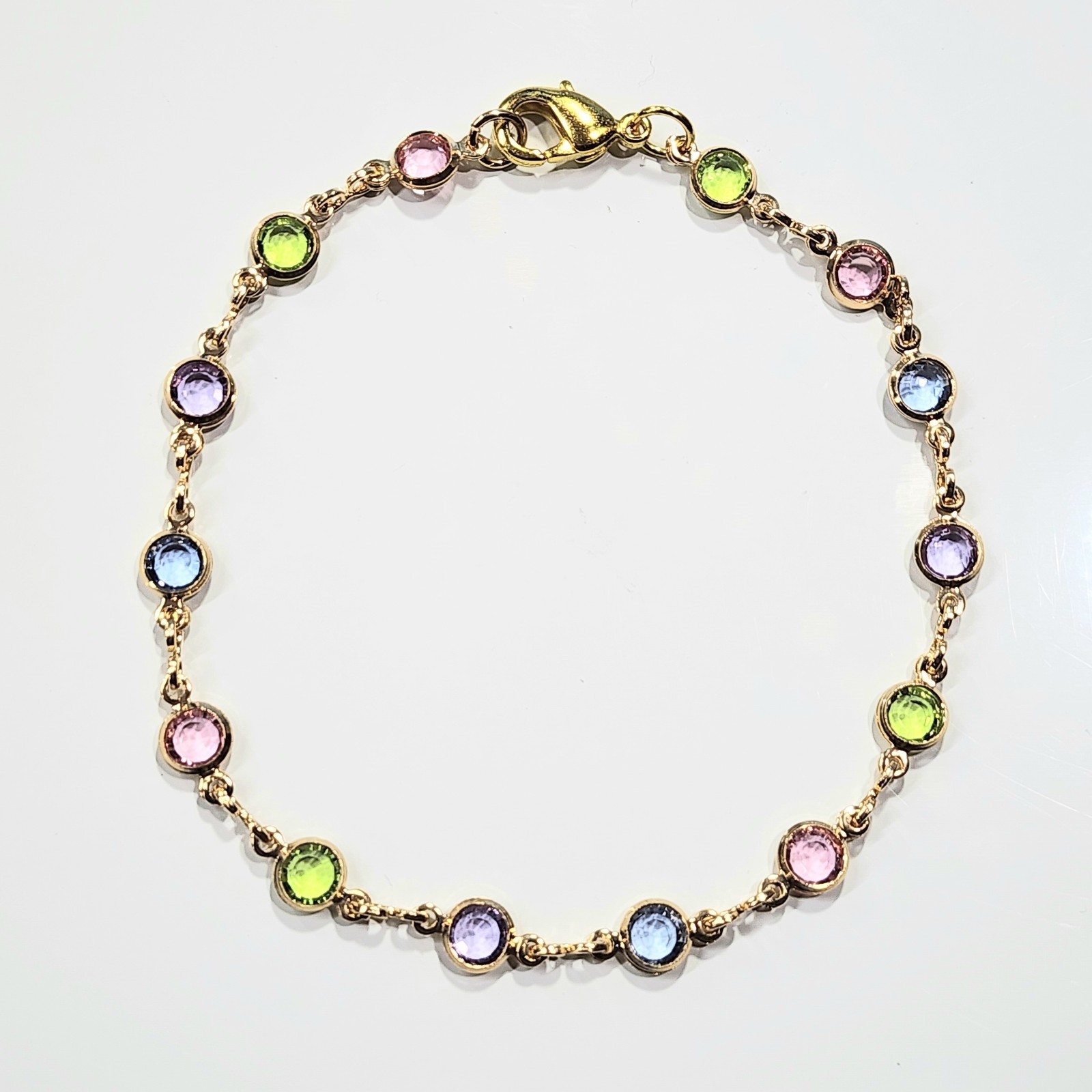 18k Gold Filled Bracelet Round Light Multi Color Stones 7.5 inch Long