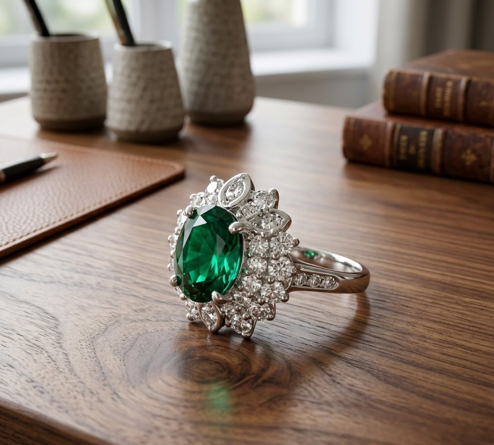 5.50 Ct Oval Cut Natural Emerald & Diamond Wedding Gift Ring 14K White Gold Sz 8