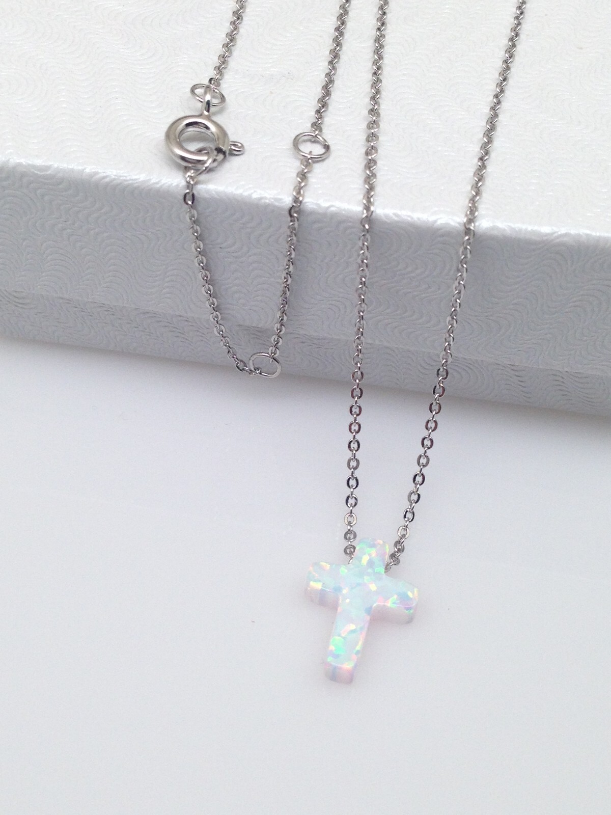 White Opal Cross Necklace 925 Sterling Silver Womens Girls 12mm 17.75″ Simulated