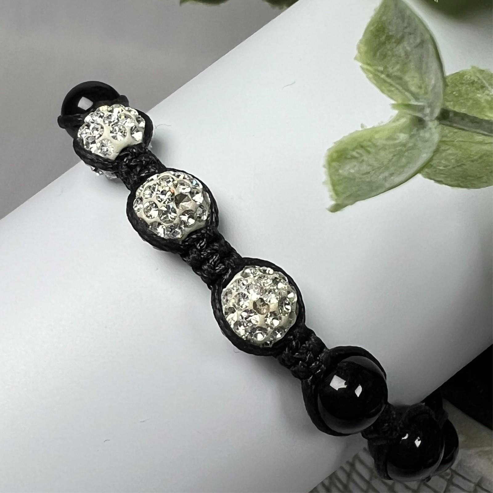 Shamballa Bracelet Set Crystal Pave Beads Macrame Purple & Black Adjustable Pair