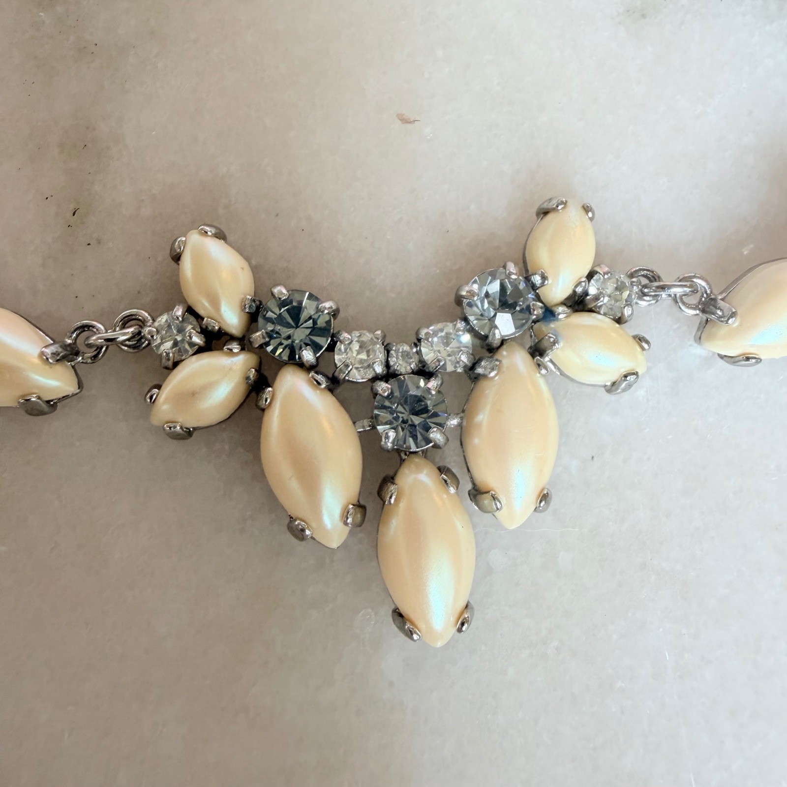 Ann Taylor Silver Tone Faux Pearl Crystal Statement Necklace Grey Cream Floral