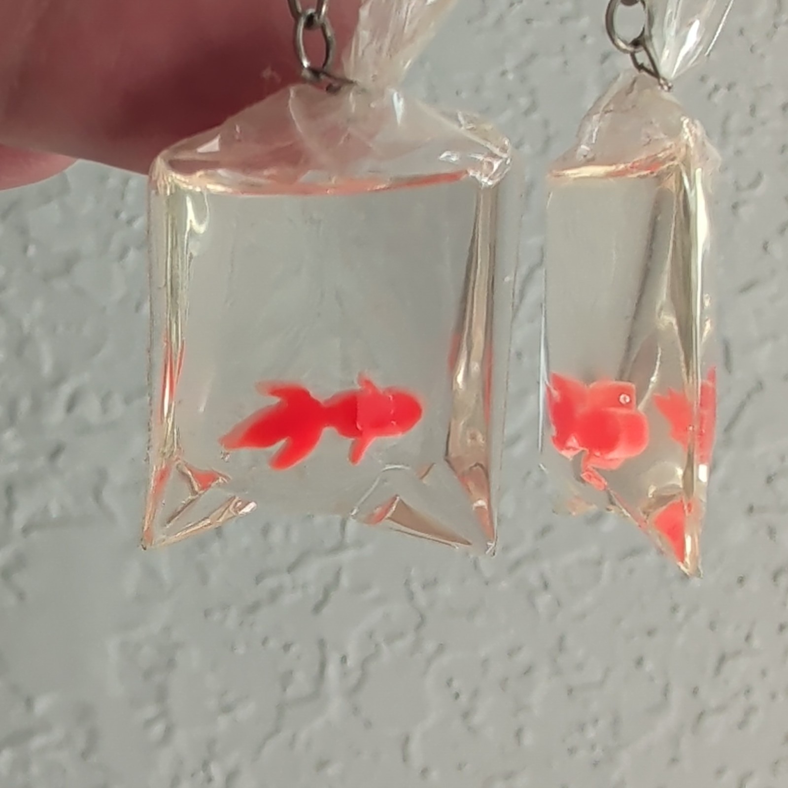 Clear & Orange Plastic Goldfish-in-a-Bag Dangle Hook Earrings Animal Theme