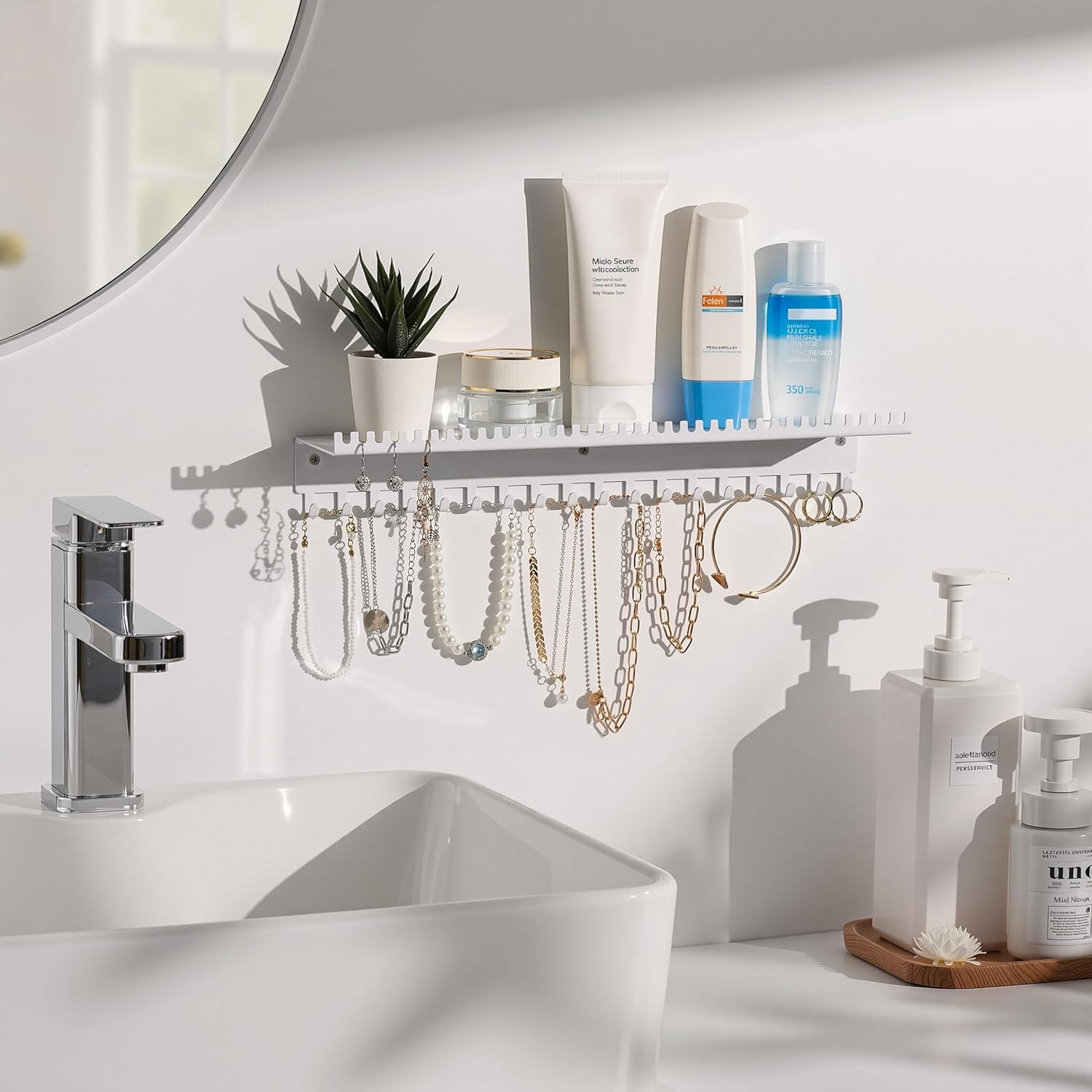 Necklace Holder Wall Hanging Organizer: Wall Mounted Jewelry Shelf with 56 Hooks