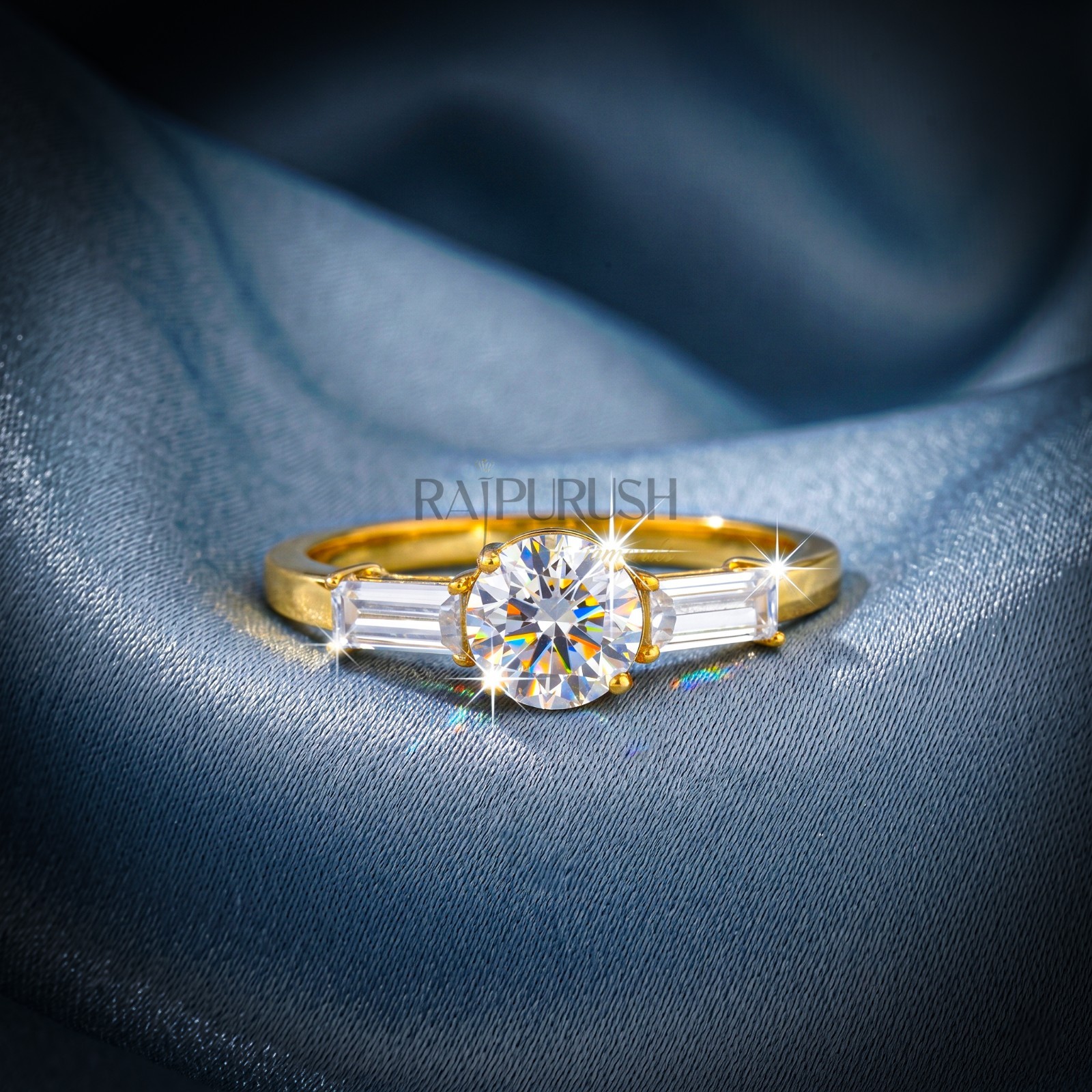 Round Moissanite Three Stone Engagement Ring Baguette 14K Gold Plated in Silver