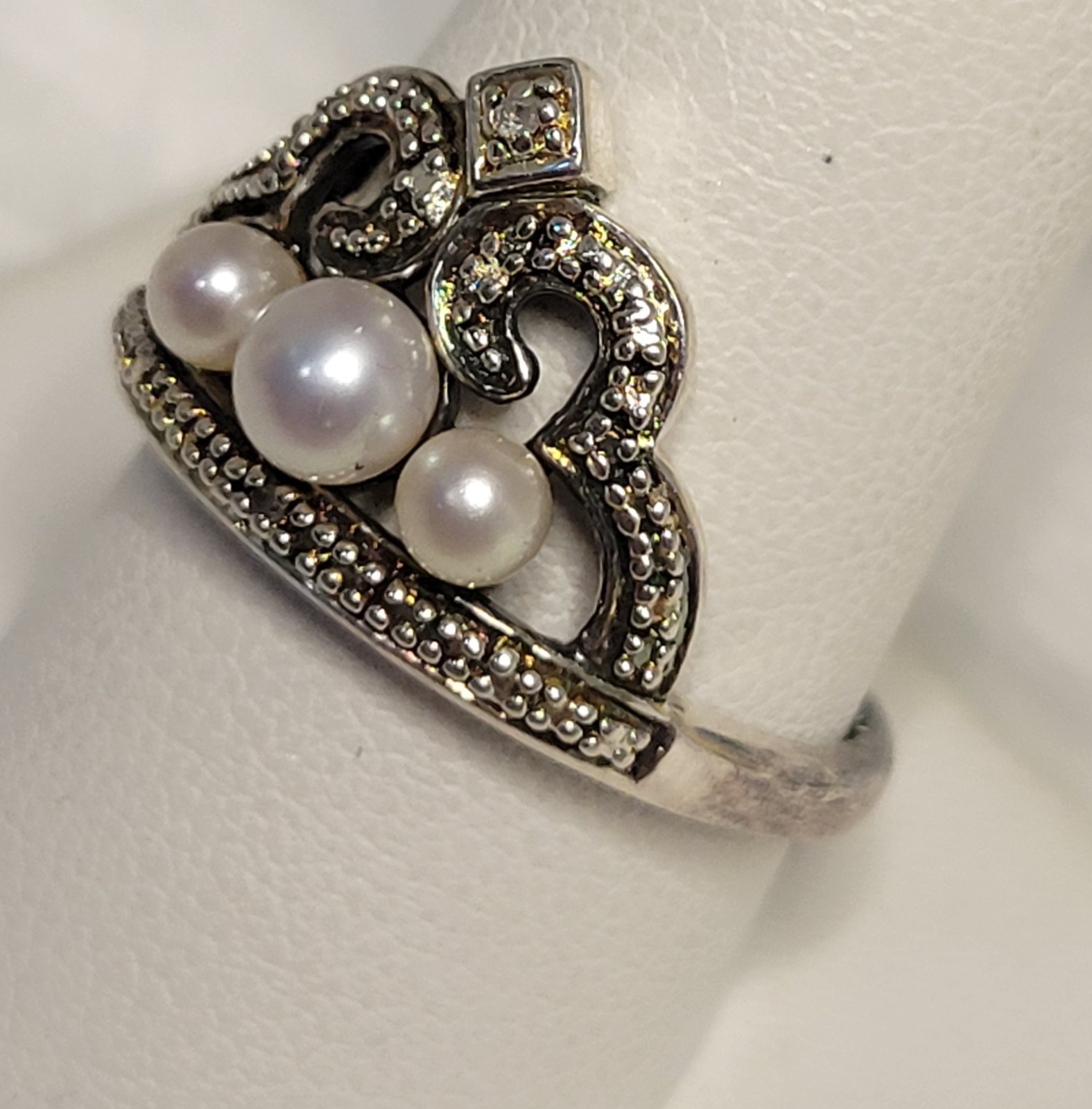 Ross-Simons Sterling Silver White Pearl & Diamond Accents Crown Ring Size 10
