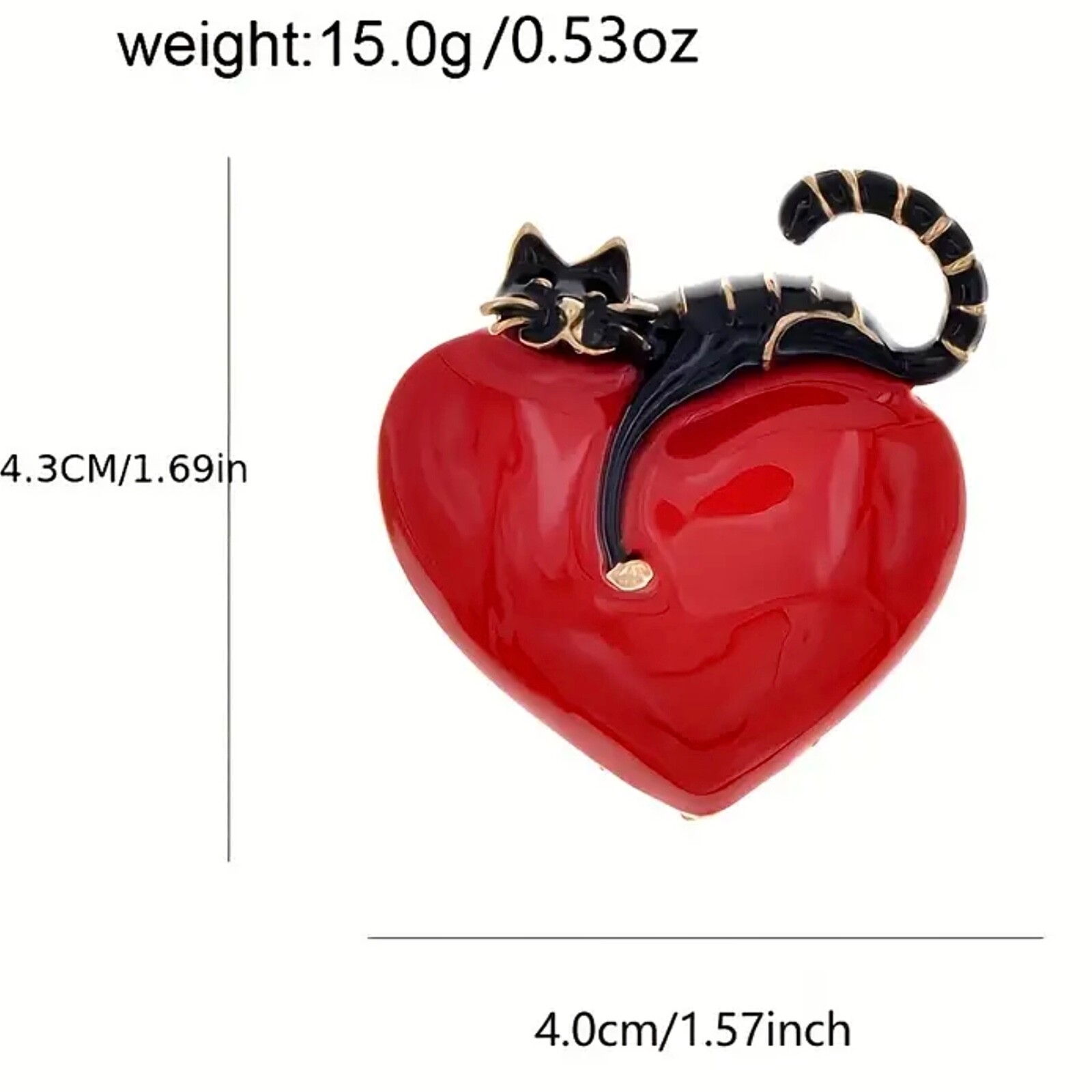 Rich red, shiny heart with comfy cat resting on top. Puffed up. Pin, brooch.