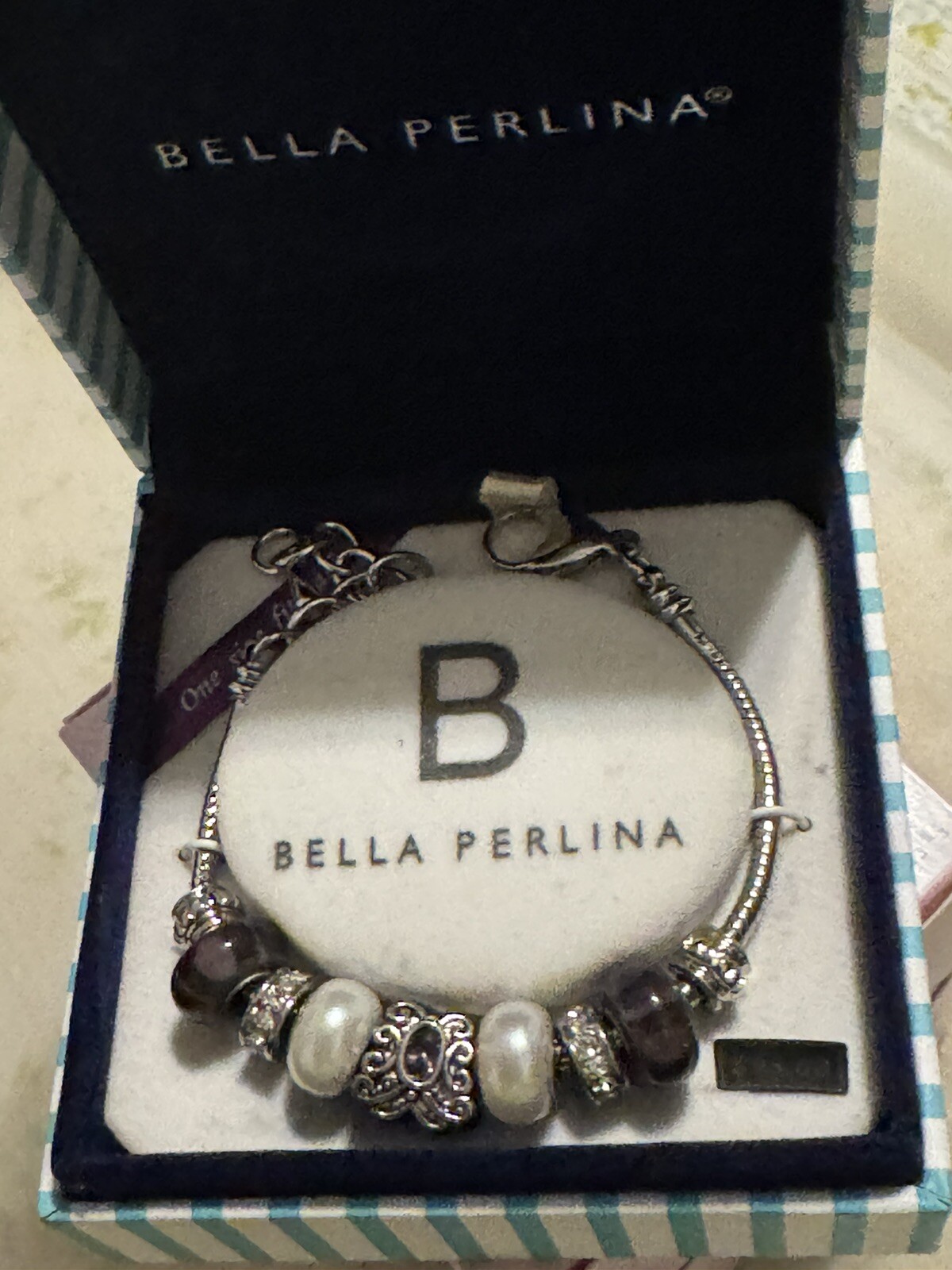 Bella Perlina Purple Butterfly Charm Metal & Pearl Beaded Silver Charm Bracelet