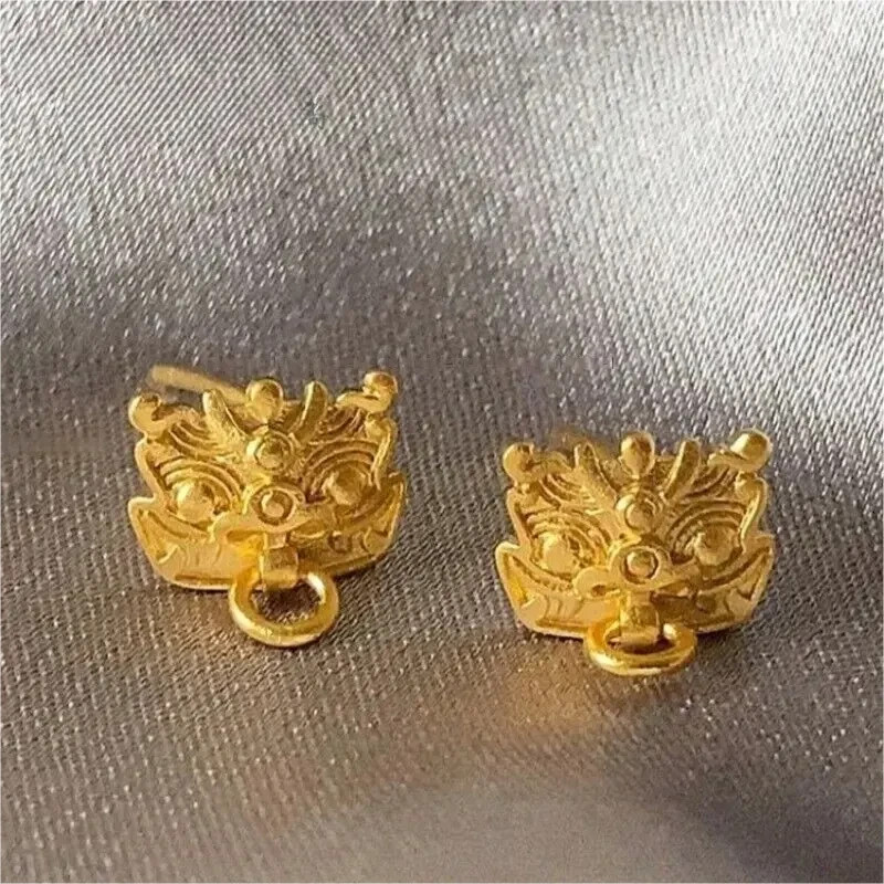 Pure 999 24K Yellow Gold Men Vintage Dragon Taotie Circle Stud Earrings 2.2-2.3g